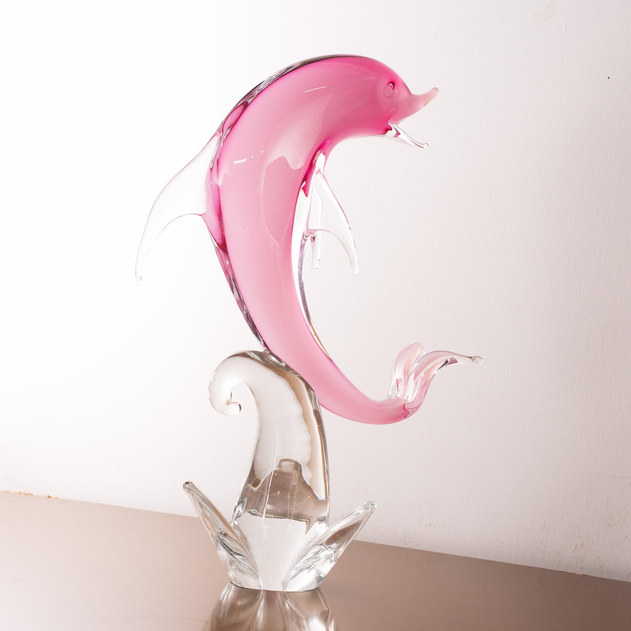 Hand-Crafted Sculpture in Murano glass, pink Dolphin with crystal details, Italy in stock For Sale