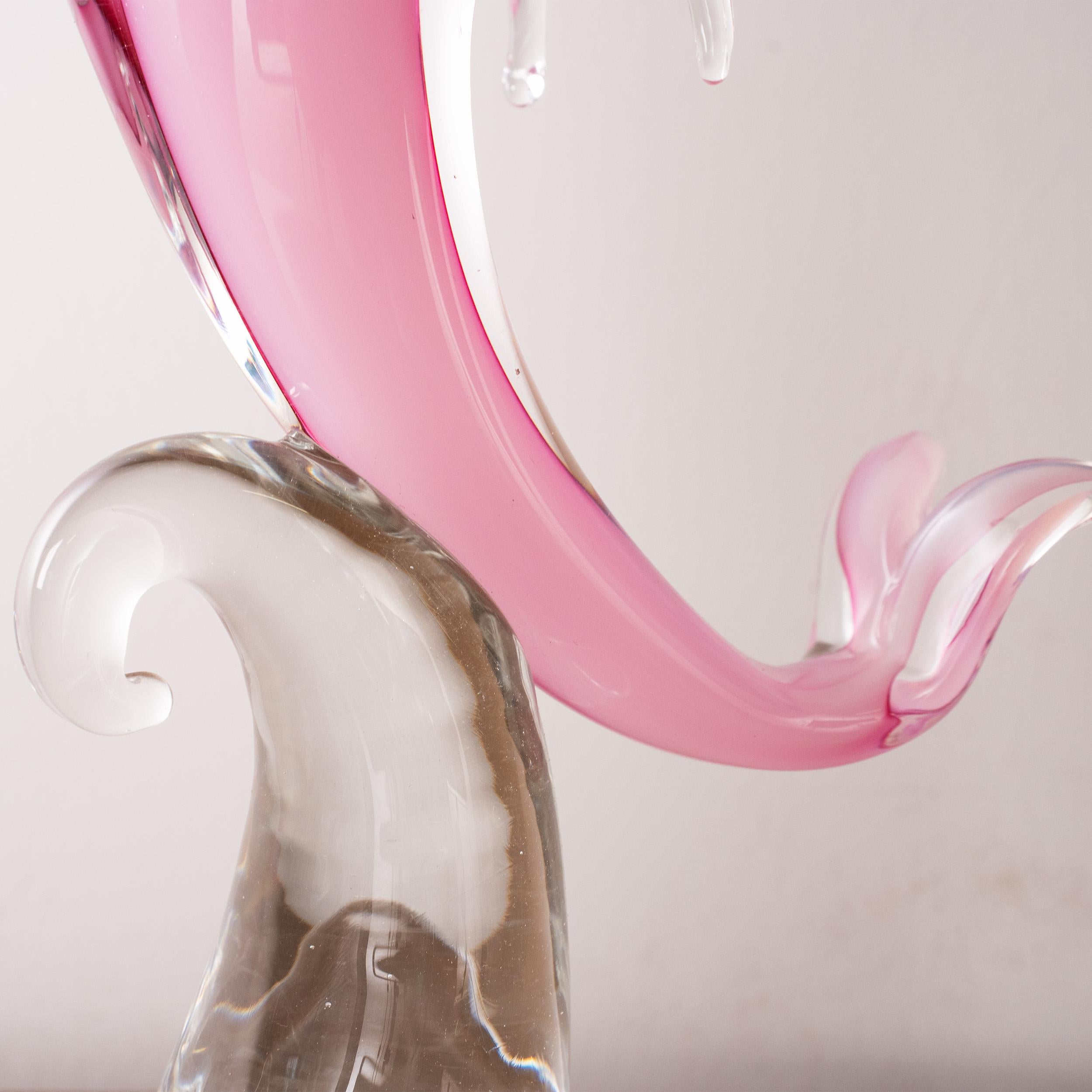 Murano Glass Sculpture in Murano glass, pink Dolphin with crystal details, Italy in stock For Sale