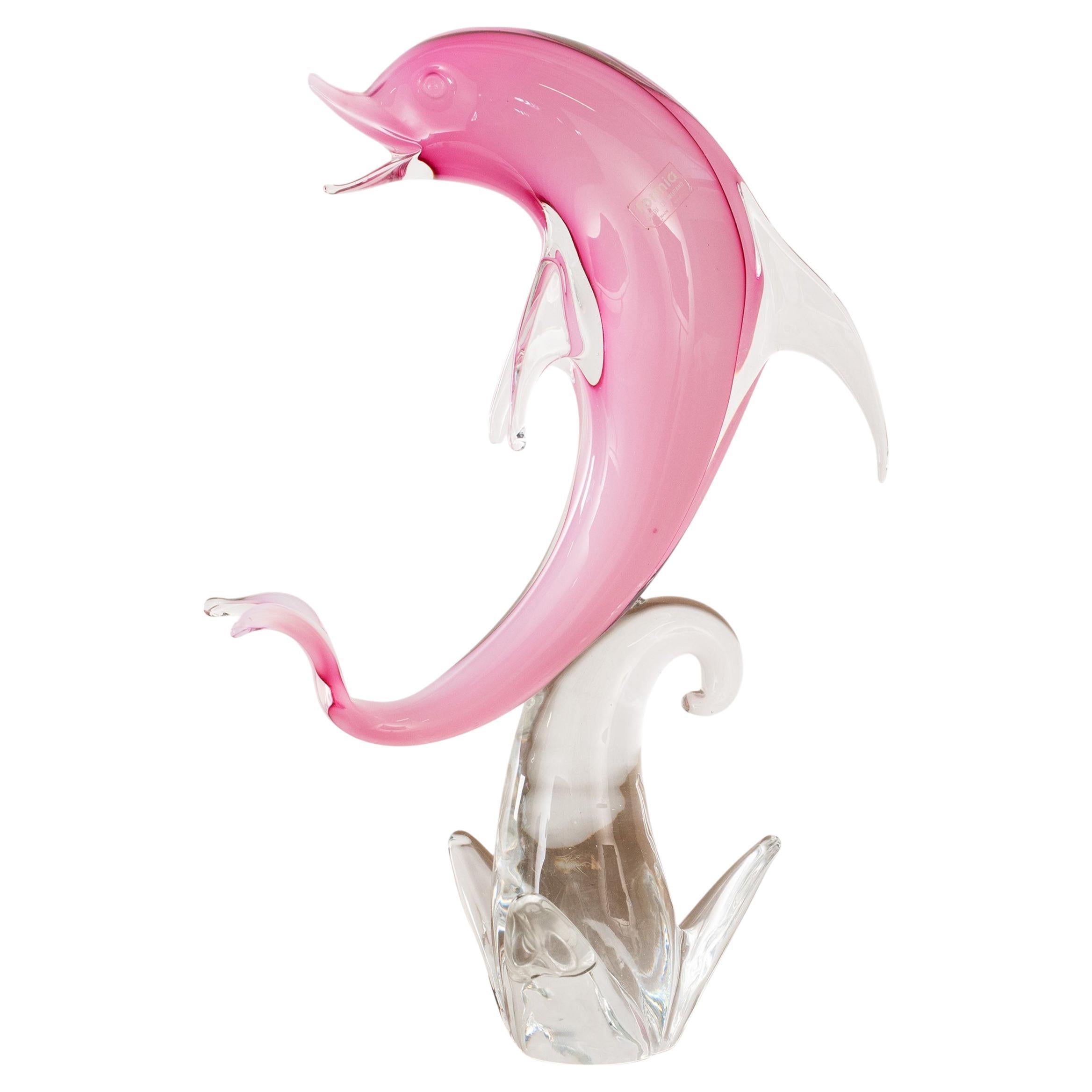 Sculpture in Murano glass, pink Dolphin with crystal details, Italy in stock