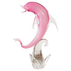 Sculpture in Murano glass, pink Dolphin with crystal details, Italy in stock