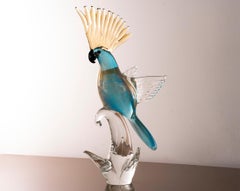 Sculpture in Murano glass, turquoise Parrot with gold leaf details, Italy