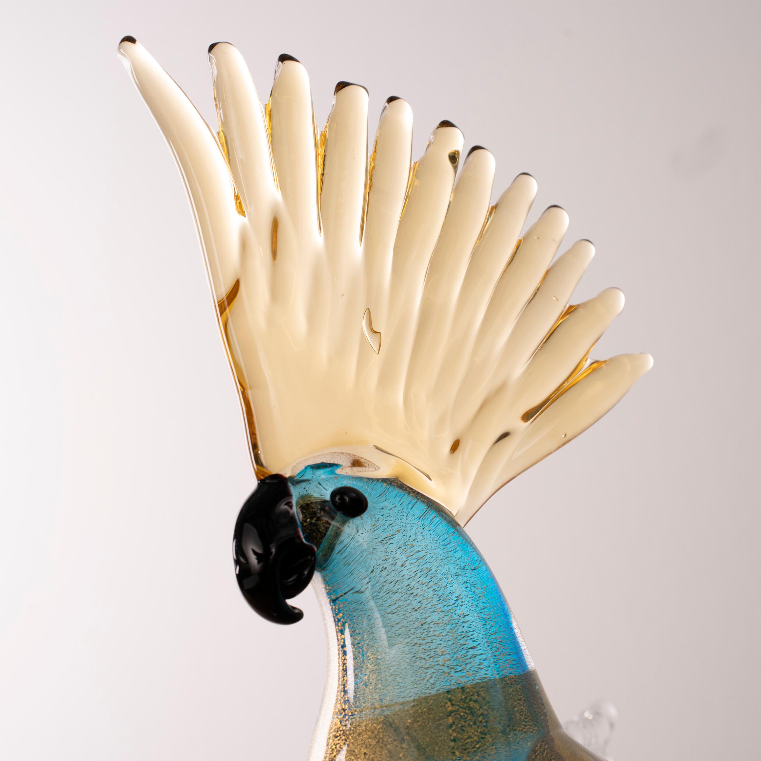 Murano Glass Sculpture in Murano glass, turquoise Parrot with gold leaf details, Italy For Sale