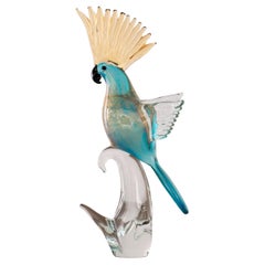 Sculpture in Murano glass, turquoise Parrot with gold leaf details, Italy