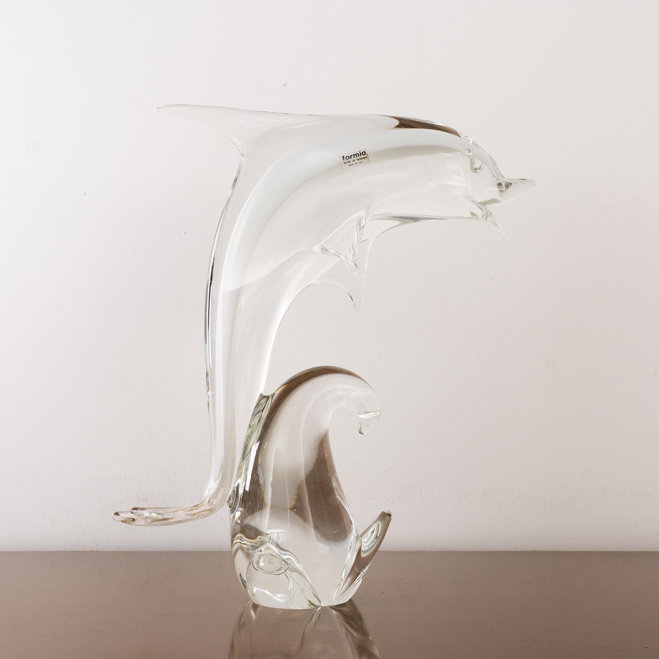Italian Sculpture in Murano glass, white Dolphin with crystal details, Italy in stock For Sale
