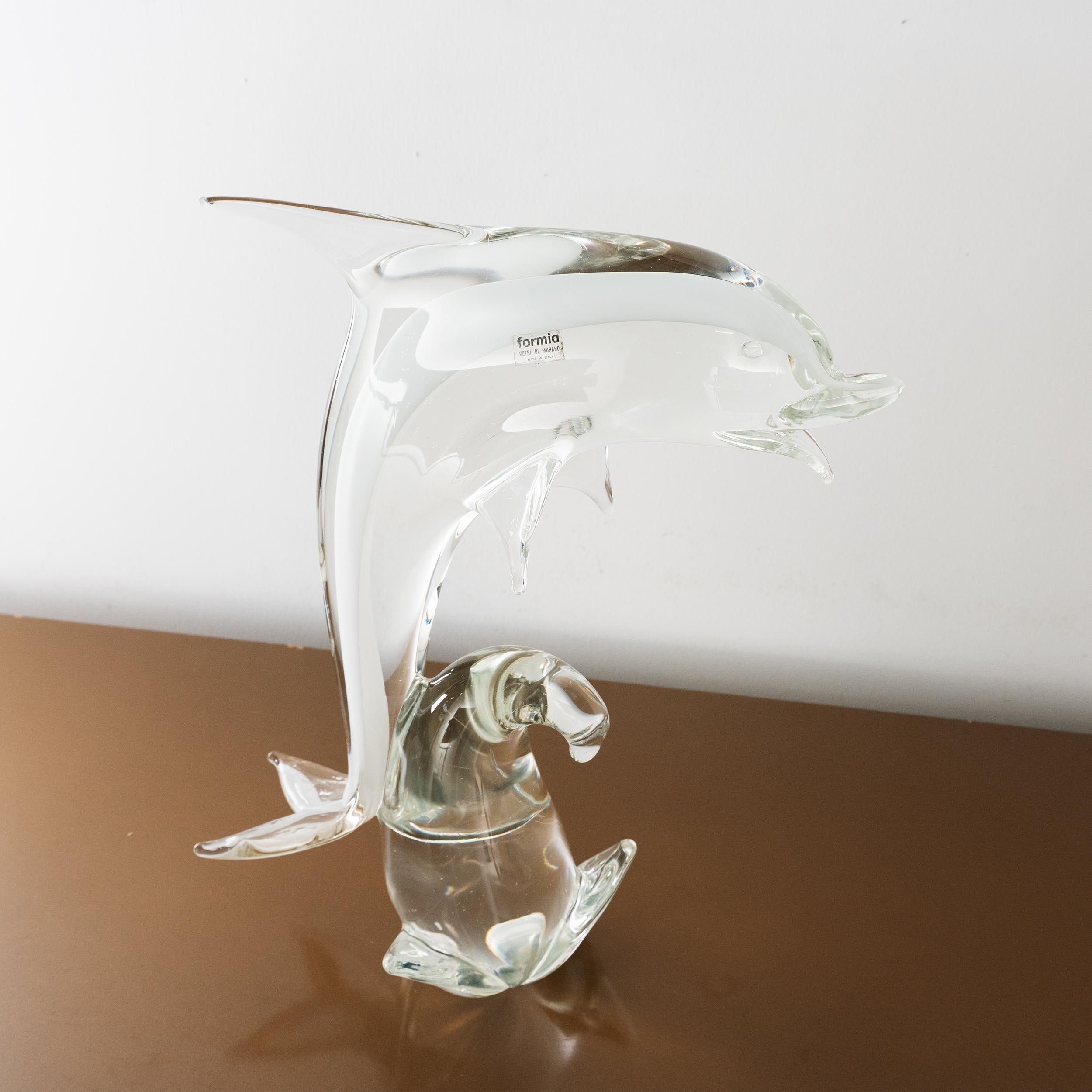 Hand-Crafted Sculpture in Murano glass, white Dolphin with crystal details, Italy in stock For Sale