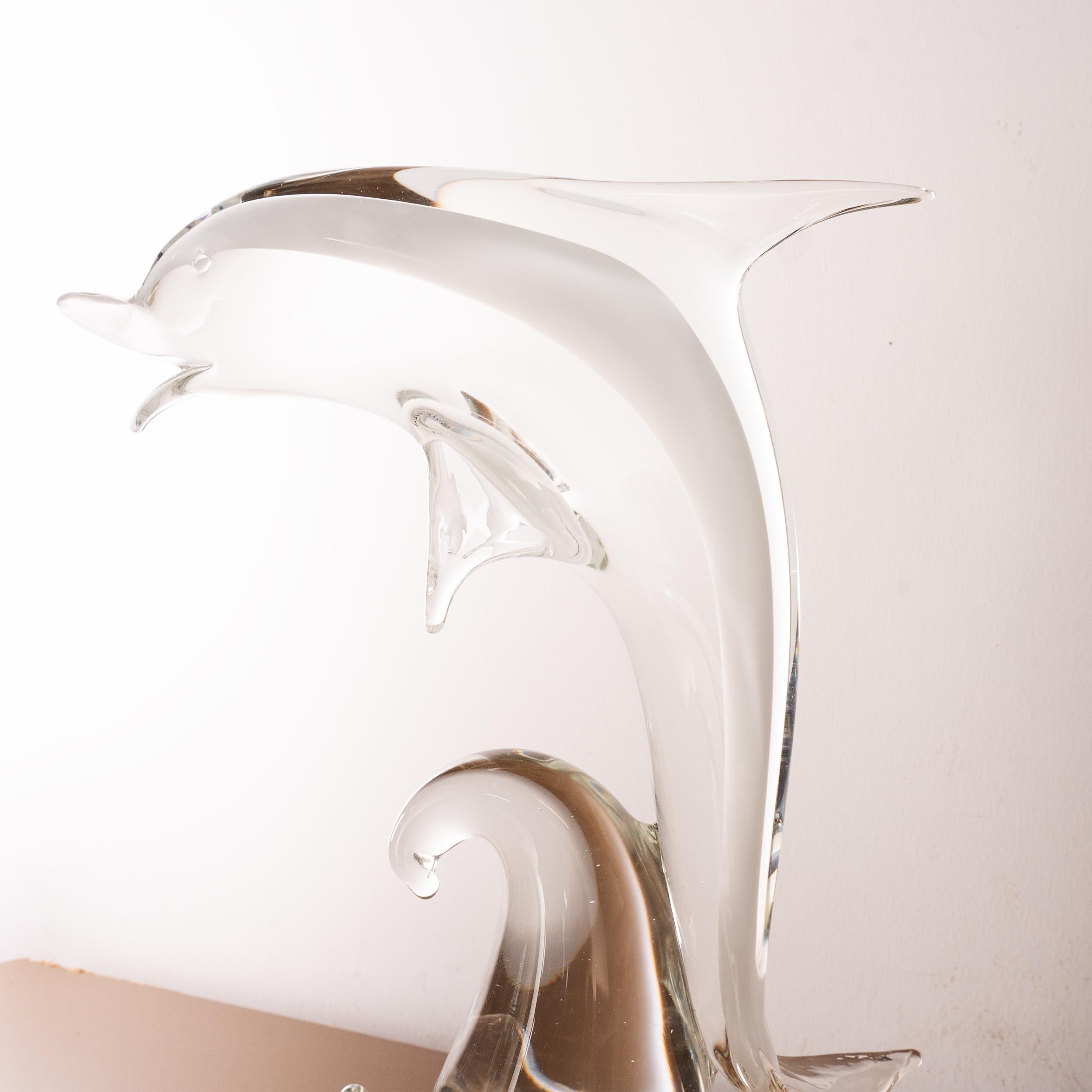 20th Century Sculpture in Murano glass, white Dolphin with crystal details, Italy in stock For Sale