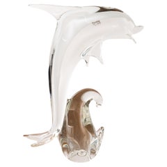 Sculpture in Murano glass, white Dolphin with crystal details, Italy in stock