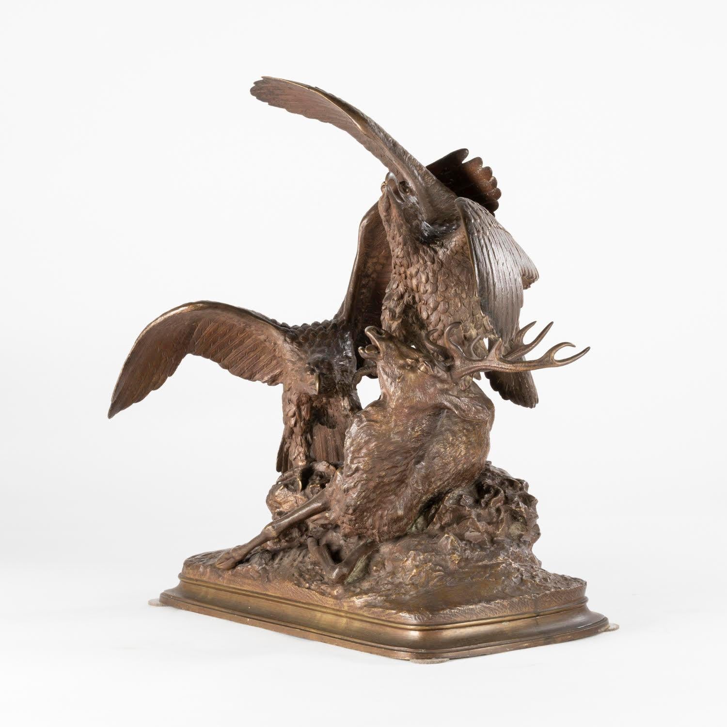 Sculpture in patinated bronze by Christophe Fratin, 19th century, Napoleon III period.

Sculpture by Christophe Fratin representing a stag attacked by eagles in patinated bronze, Napoleon III period, 19th century.
H: 43cm, W: 42cm, D: 20cm