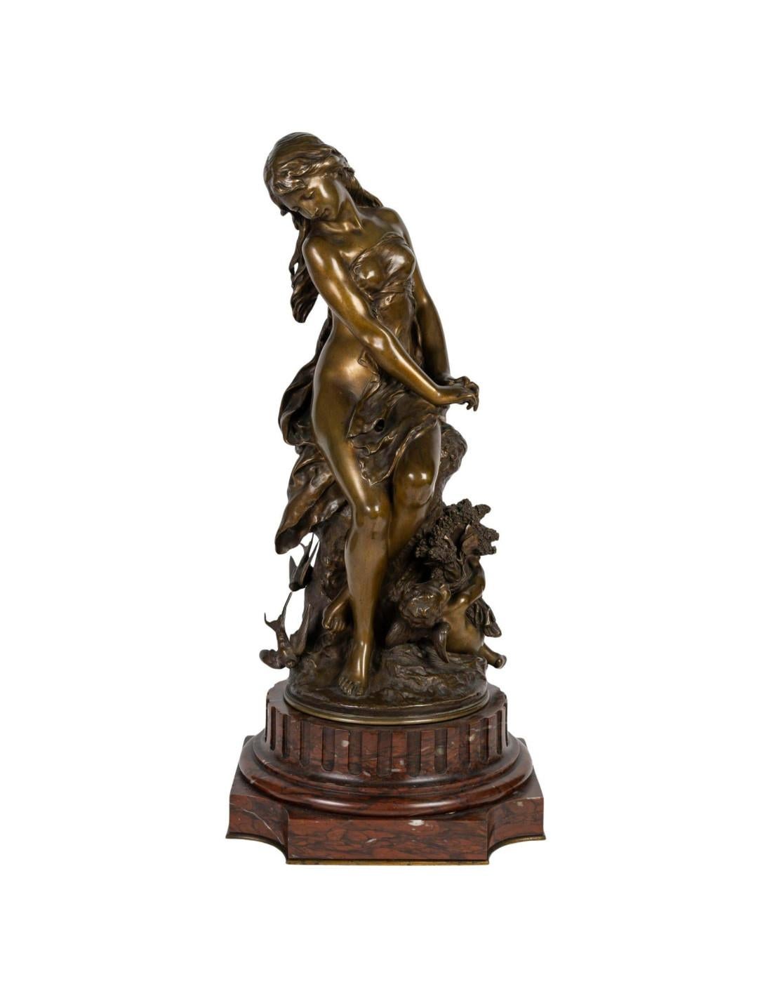 Sculpture in patinated bronze by Mathurin Moreau, 19th century, Napoleon III period.

Sculpture in patinated bronze, base in griotte marble, 19th century, Napoleon III period by Mathurin Moreau, very beautiful patina of the bronze.
H: 62cm, W: 28cm,