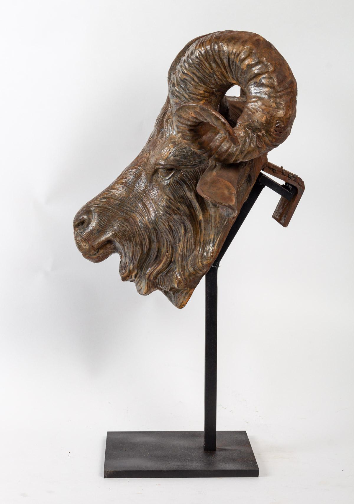 French Sculpture in Patinated Cast Iron of a Ram on a Pedestal.