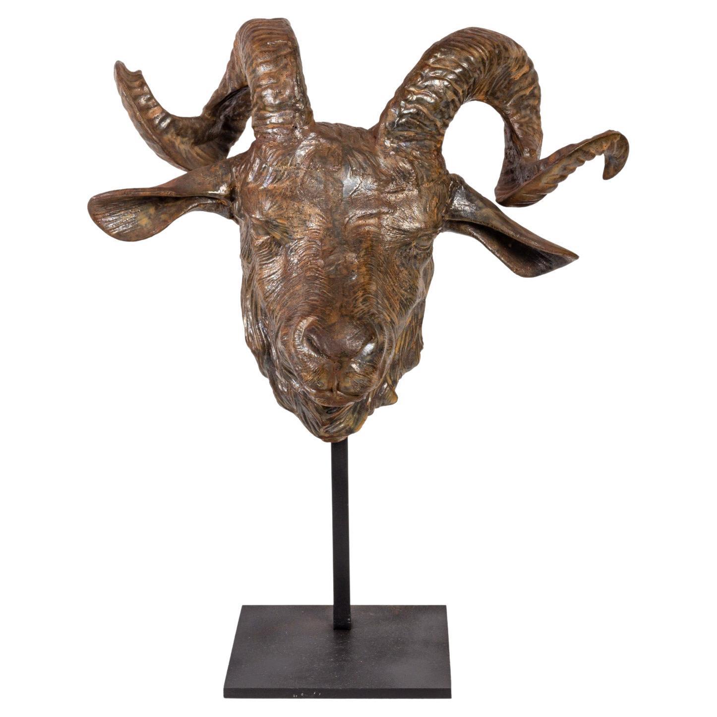 Sculpture in Patinated Cast Iron of a Ram on a Pedestal. 2