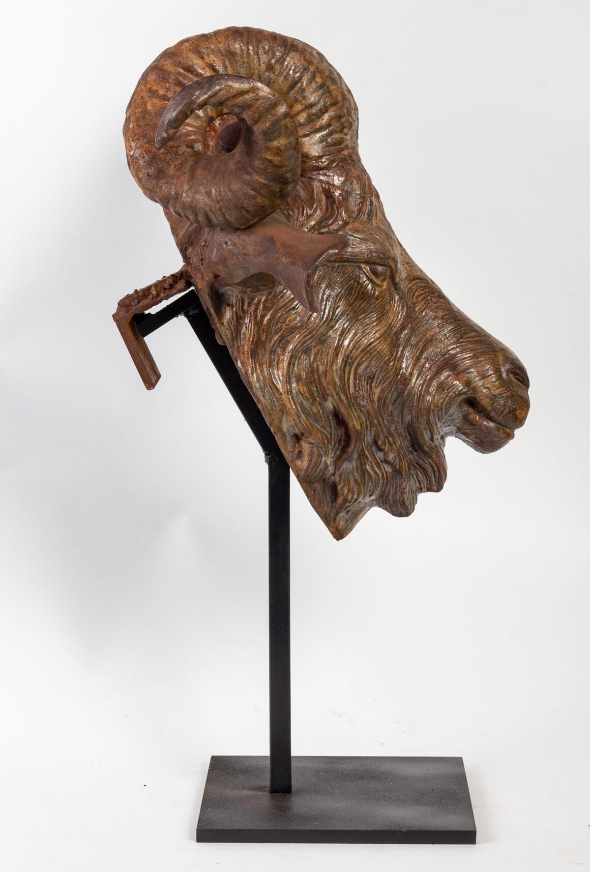 Sculpture in Patinated Cast Iron of a Ram on a Pedestal. 3