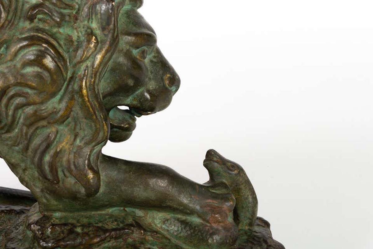 Sculpture in Patinated Plaster by the Artist Capovani, Early 20th Century.

Animal sculpture representing a Lion striking down a snake by Capovani in plaster with a bronze patina, early 20th Century, signed Capovani.

h: 26cm, w: 53cm, d: 16.5cm