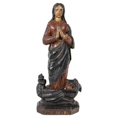 Antique Sculpture in Polychrome Wood Representing Saint Marguerite, 18th Century.