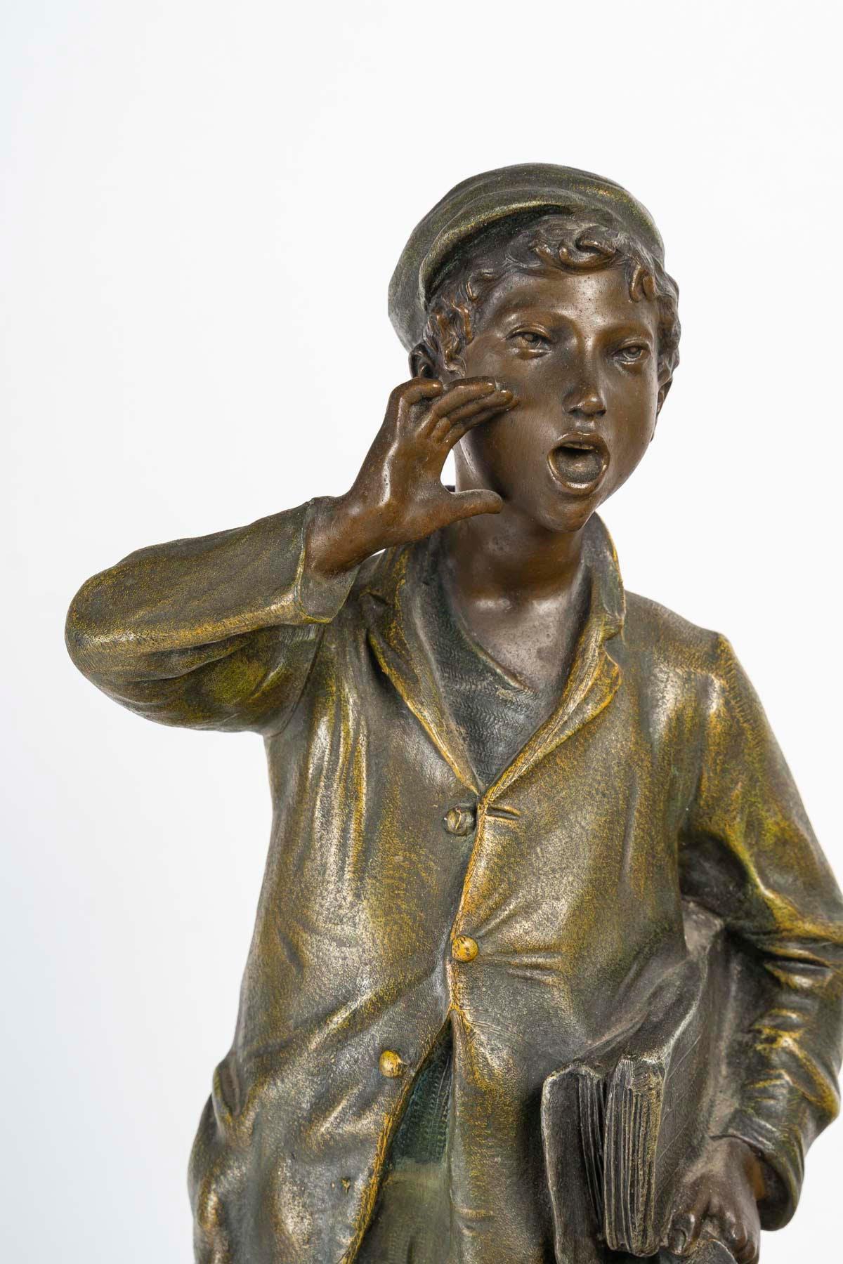 Skulptur in Regula, die einen Poulbot darstellt, um 1900-1920.

Regelmäßige Skulptur eines Poulbot, eines Zeitungsverkäufers, um 1900-1920, im Stil von Napoleon III.
h: 53cm, B: 23cm, T: 23cm