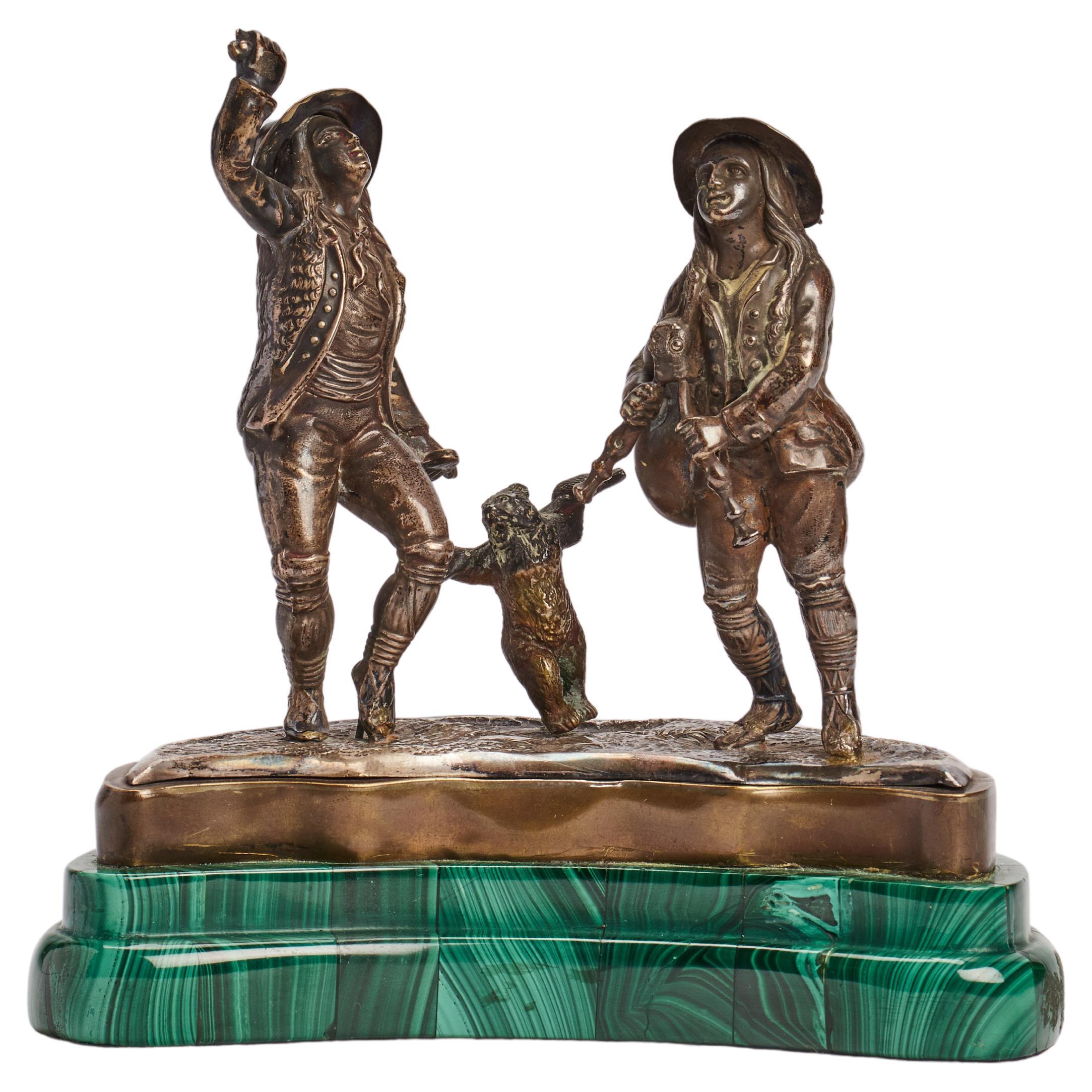 Sculpture in silver and malachite, depicting a dancing bear, Russia 1880.  For Sale