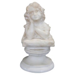 Sculpture in White Marble, Bust of a Little Girl, Signed