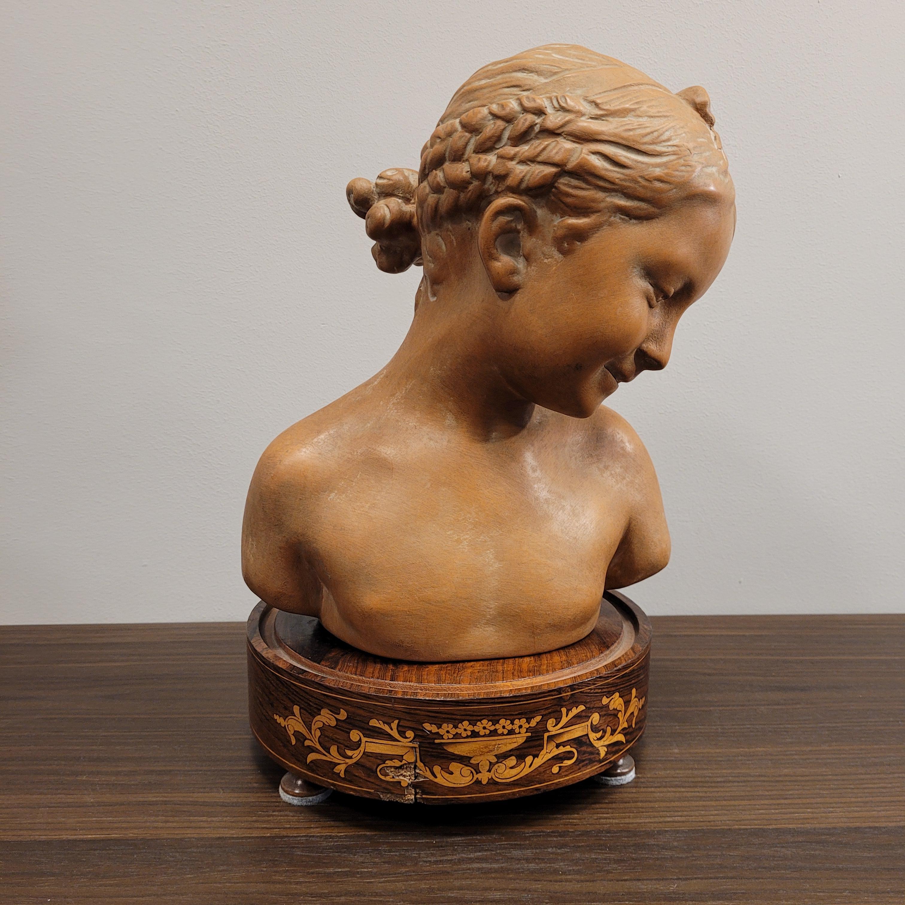 Women's or Men's Sculpture Italy Terracotta Bust Girl Signed, 40's For Sale
