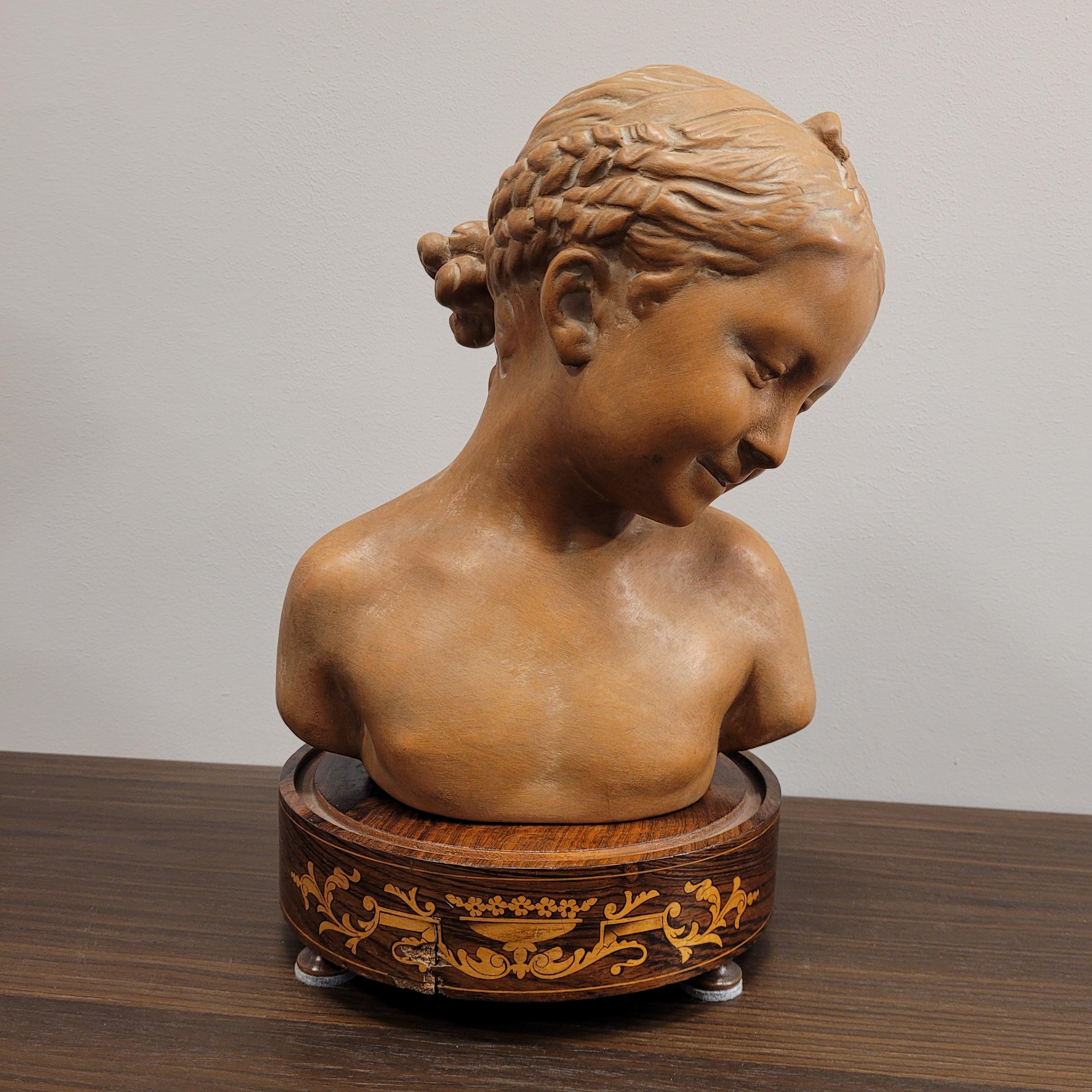 Sculpture Italy Terracotta Bust Girl Signed, 40's For Sale 1