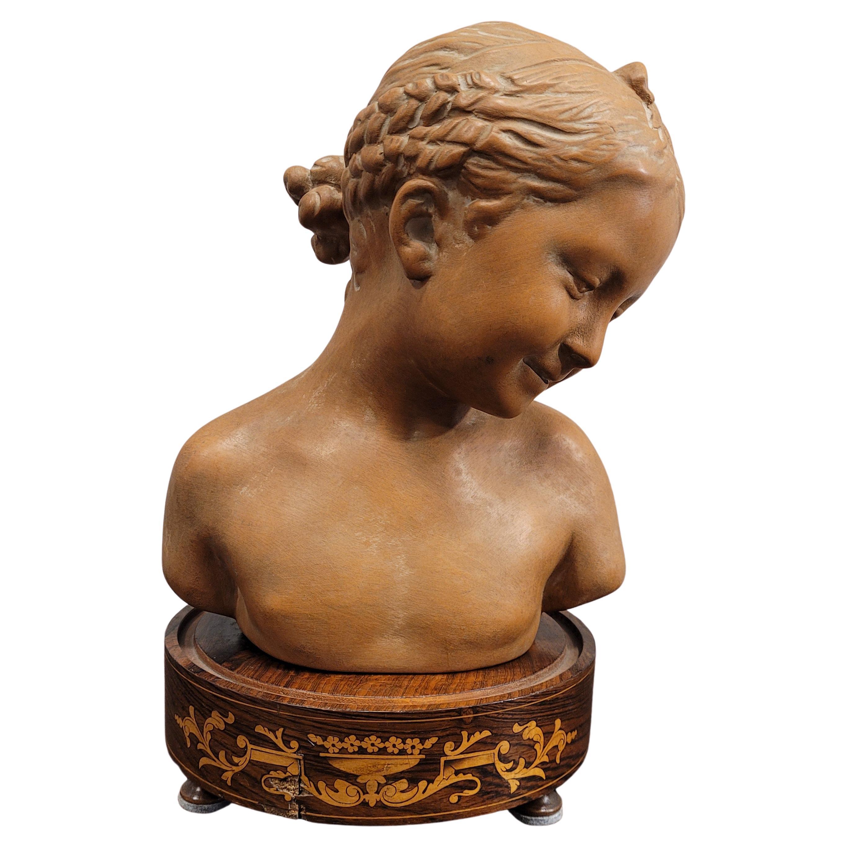 Sculpture Italy Terracotta Bust Girl Signed, 40's For Sale