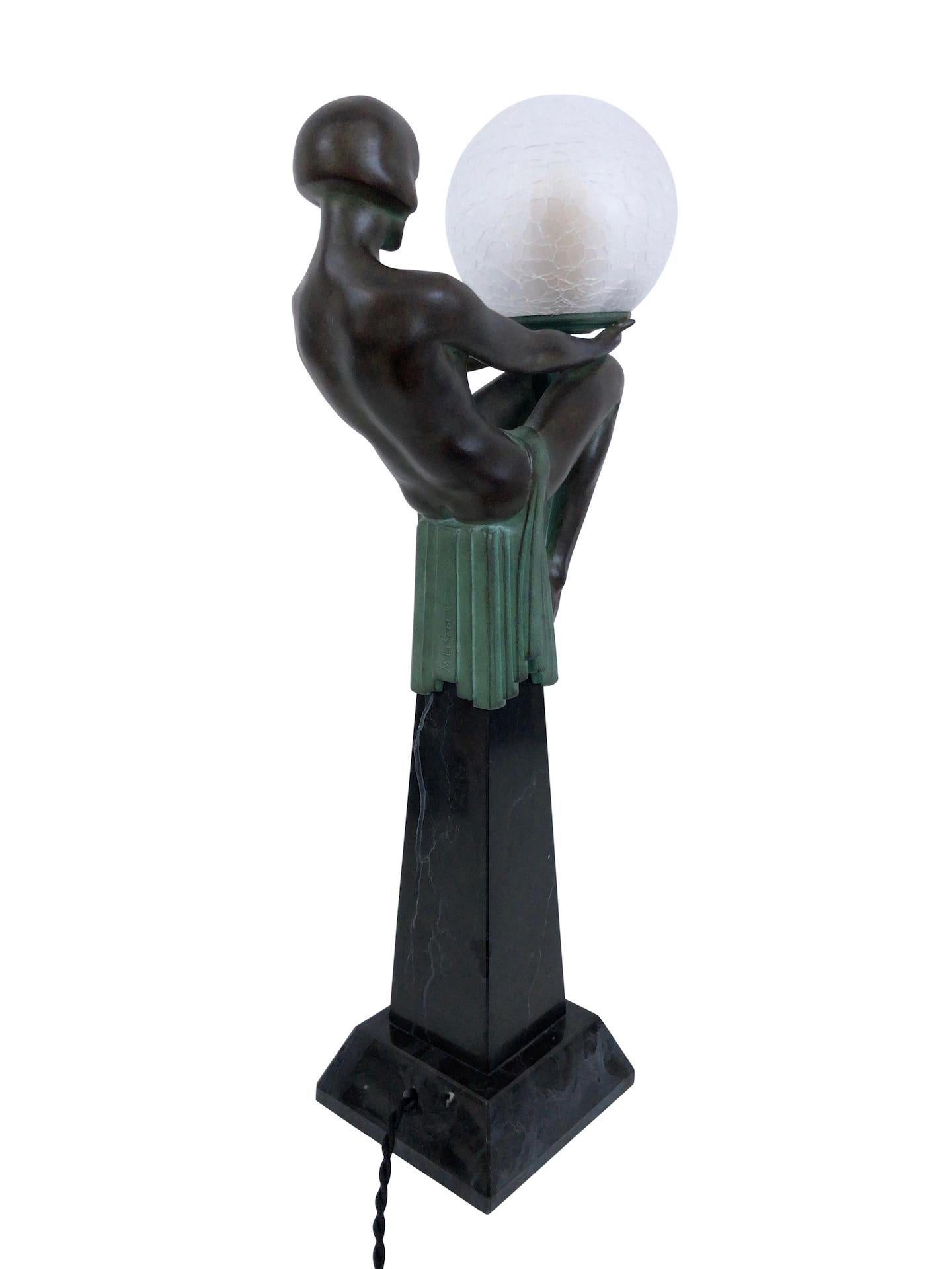 Patinated Sculpture Lamp Enigme in the French Art Deco Style an Original Max Le Verrier