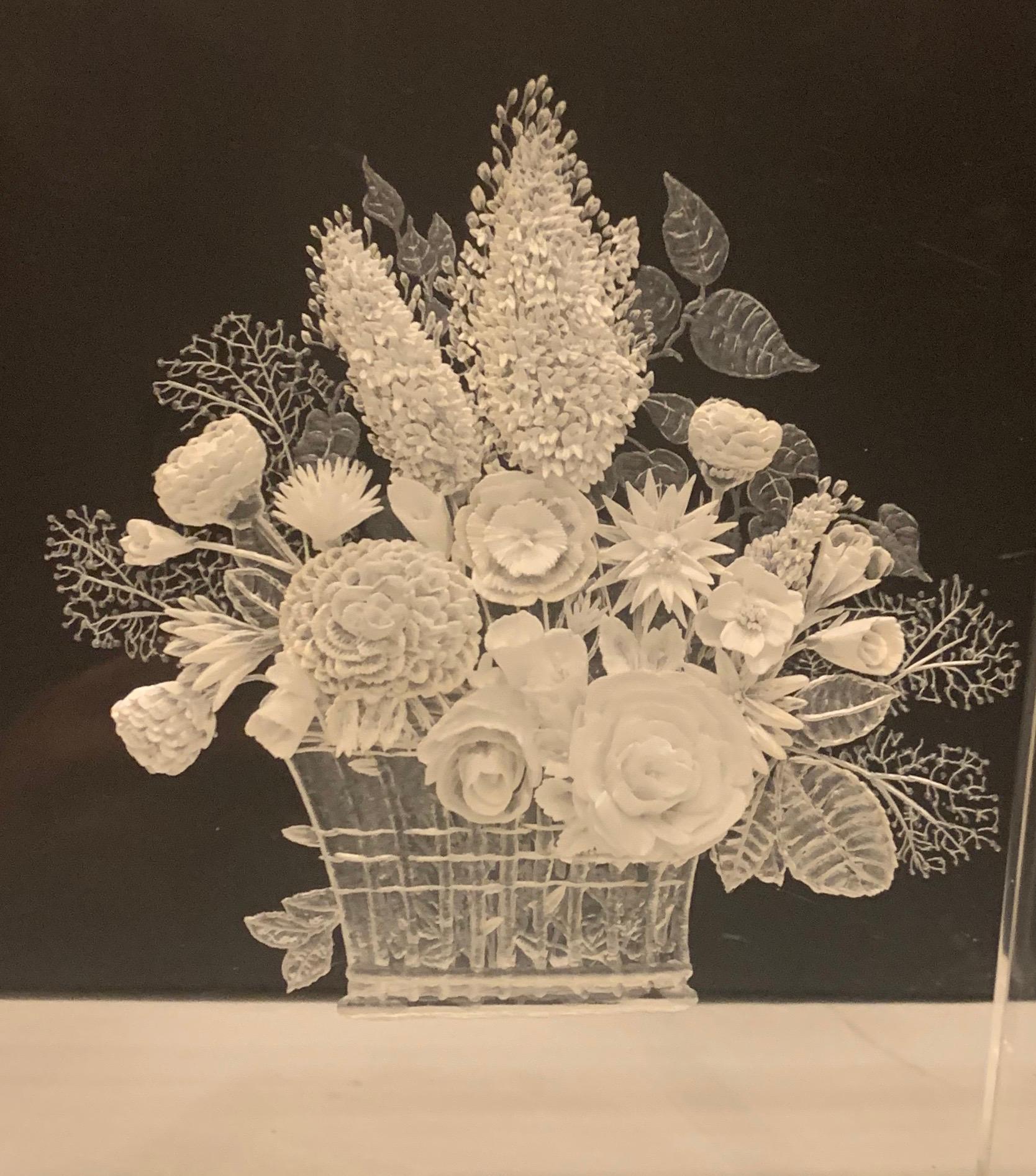 A very rare and fine detailed acrylic flower basket design is quite simply exquisite. This Lucite or acrylic, clear resin sculpture is magnificent. This wonderful piece of art is signed by artist Mel Diamond. Diamond is known for his amazingly