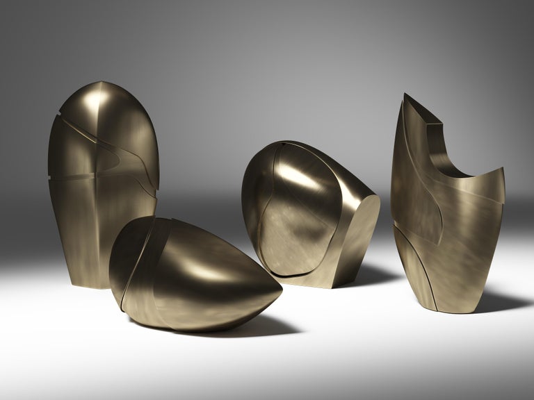 Patrick Coard Paris launches a unique and beautiful sculptural object collection. The set of amorphous sculptures in bronze-patina brass are bold and organic in their unique shapes with subtle metal indentations to create the line's iconic