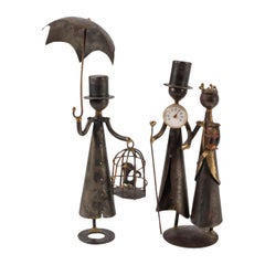 Antique Sculpture, Man with Umbrella and Couple in Thermometer, Belle Epoque, 1900-1920