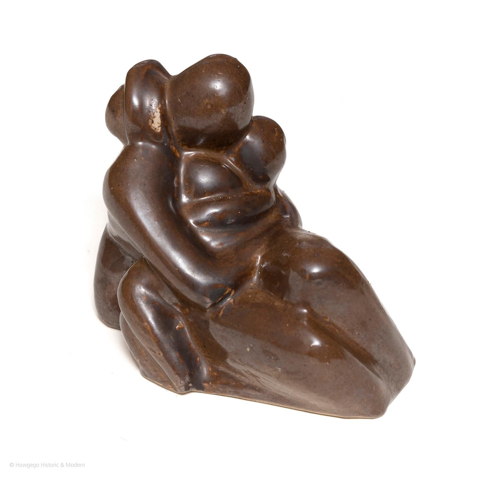 English Sculpture Mother & Children Pottery Brown Glaze For Sale