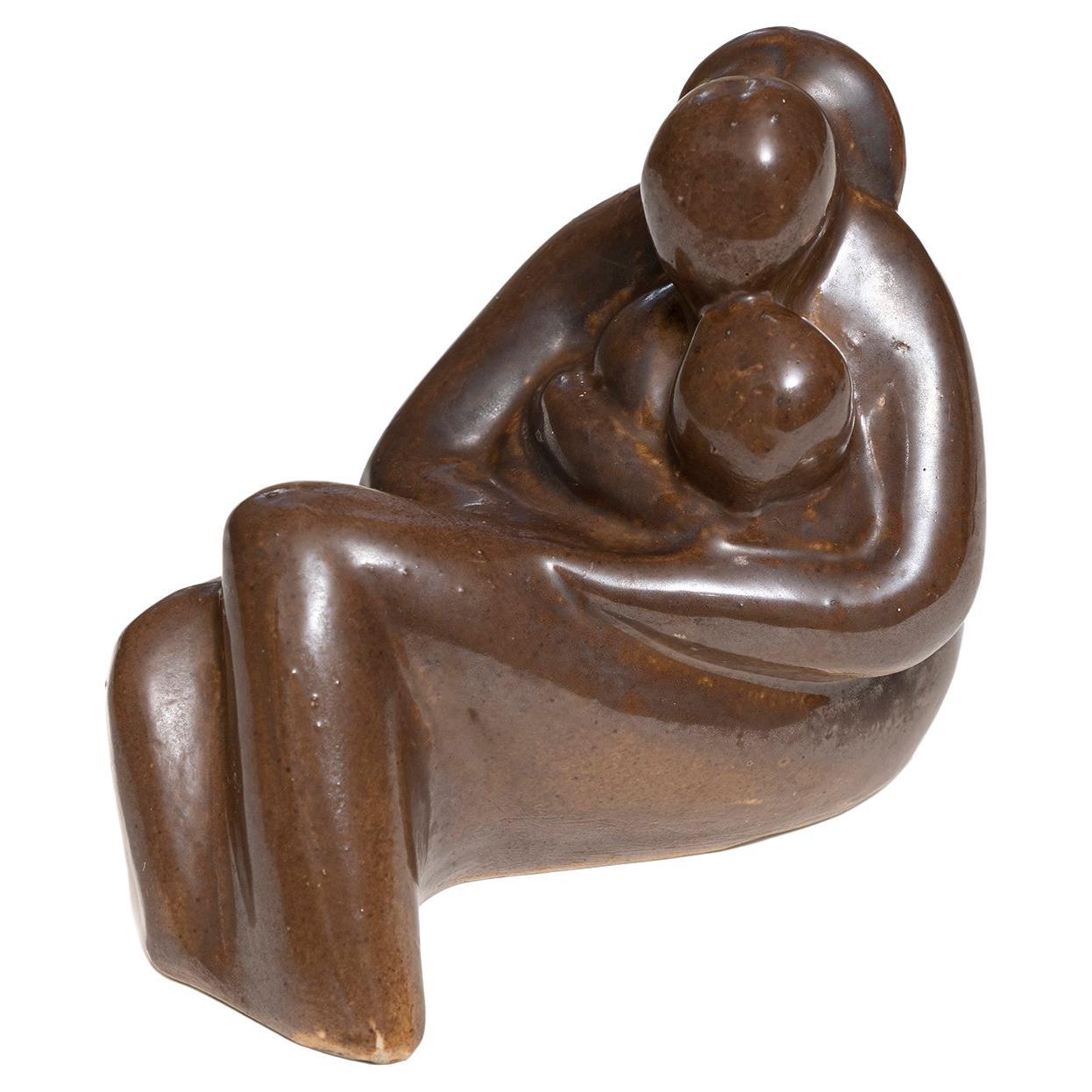 Sculpture Mother & Children Pottery Brown Glaze For Sale