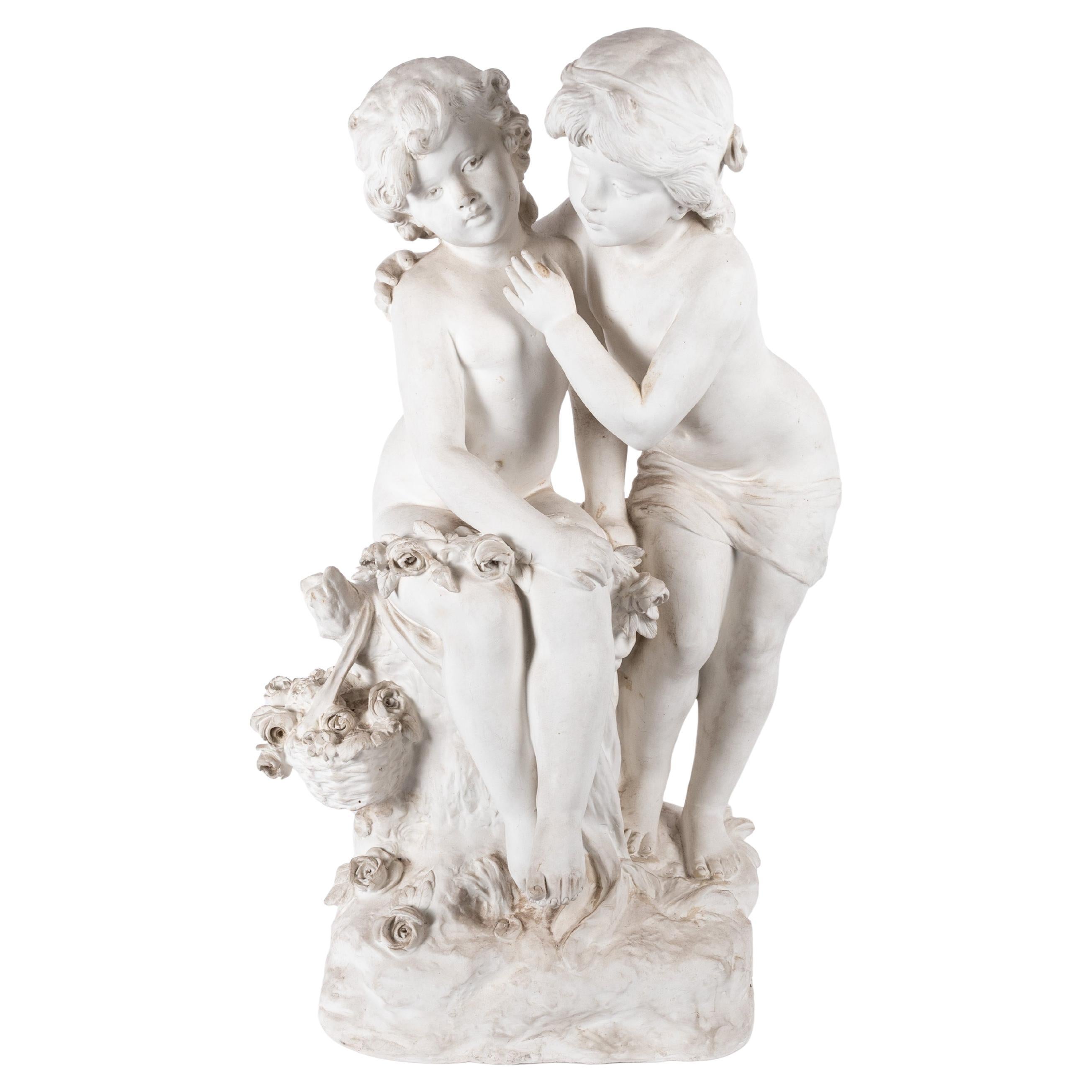Scultura di due ragazze in alabastro, opera di Hippolyte Moreau