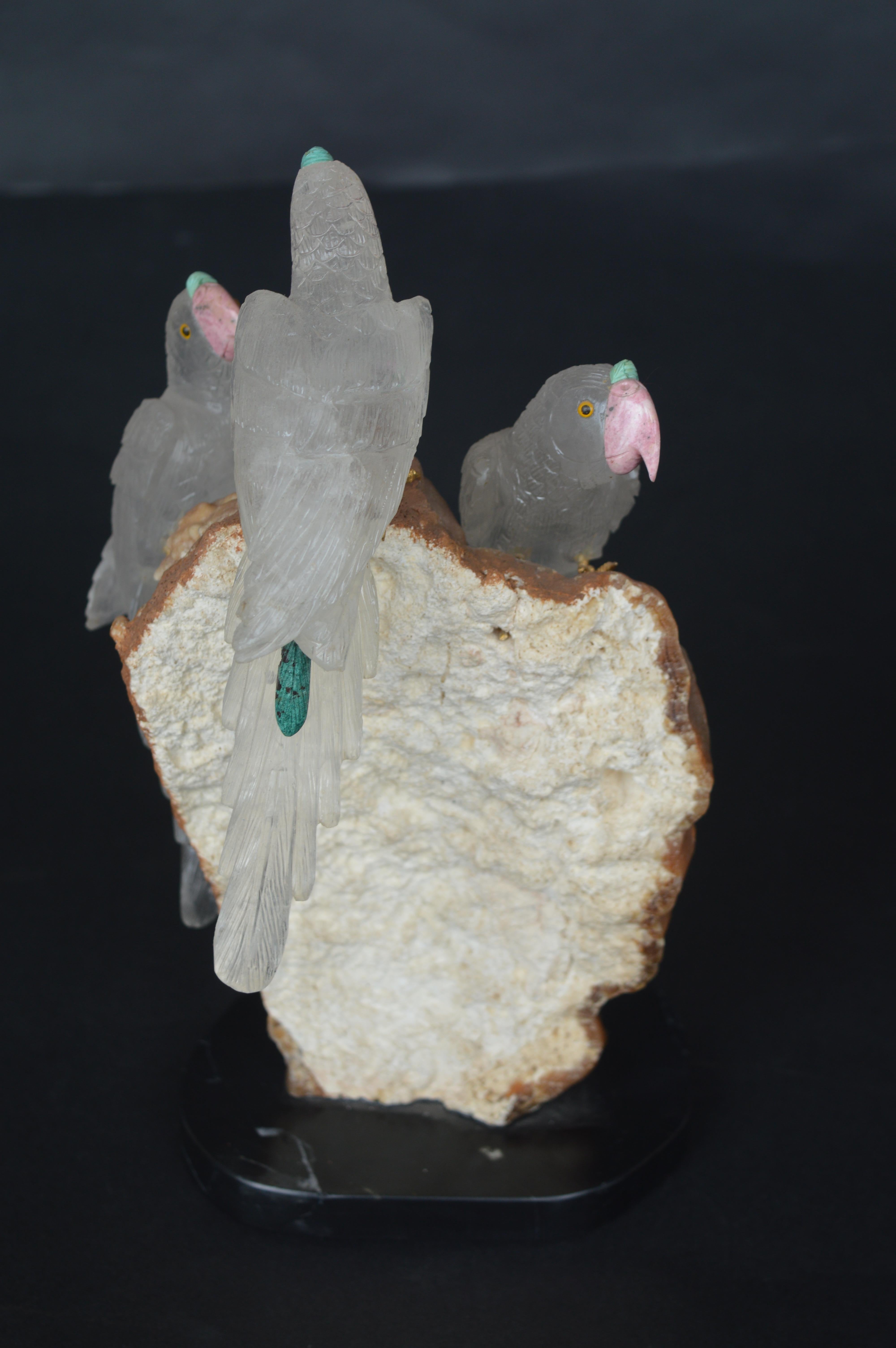 Brazilian Sculpture of 3 Rock Crystal Parakeets For Sale