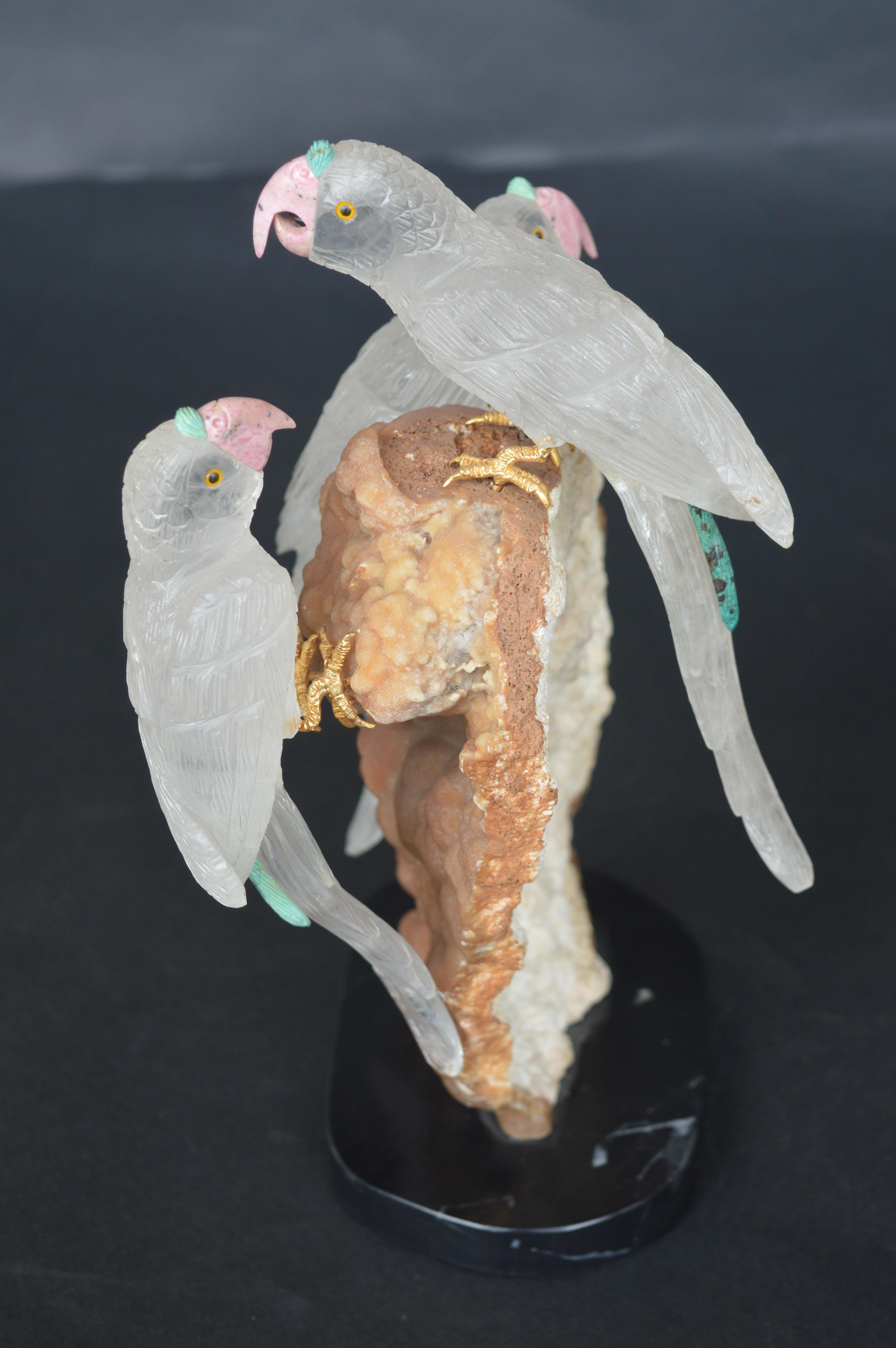 Sculpture of 3 Rock Crystal Parakeets In Good Condition For Sale In Los Angeles, CA