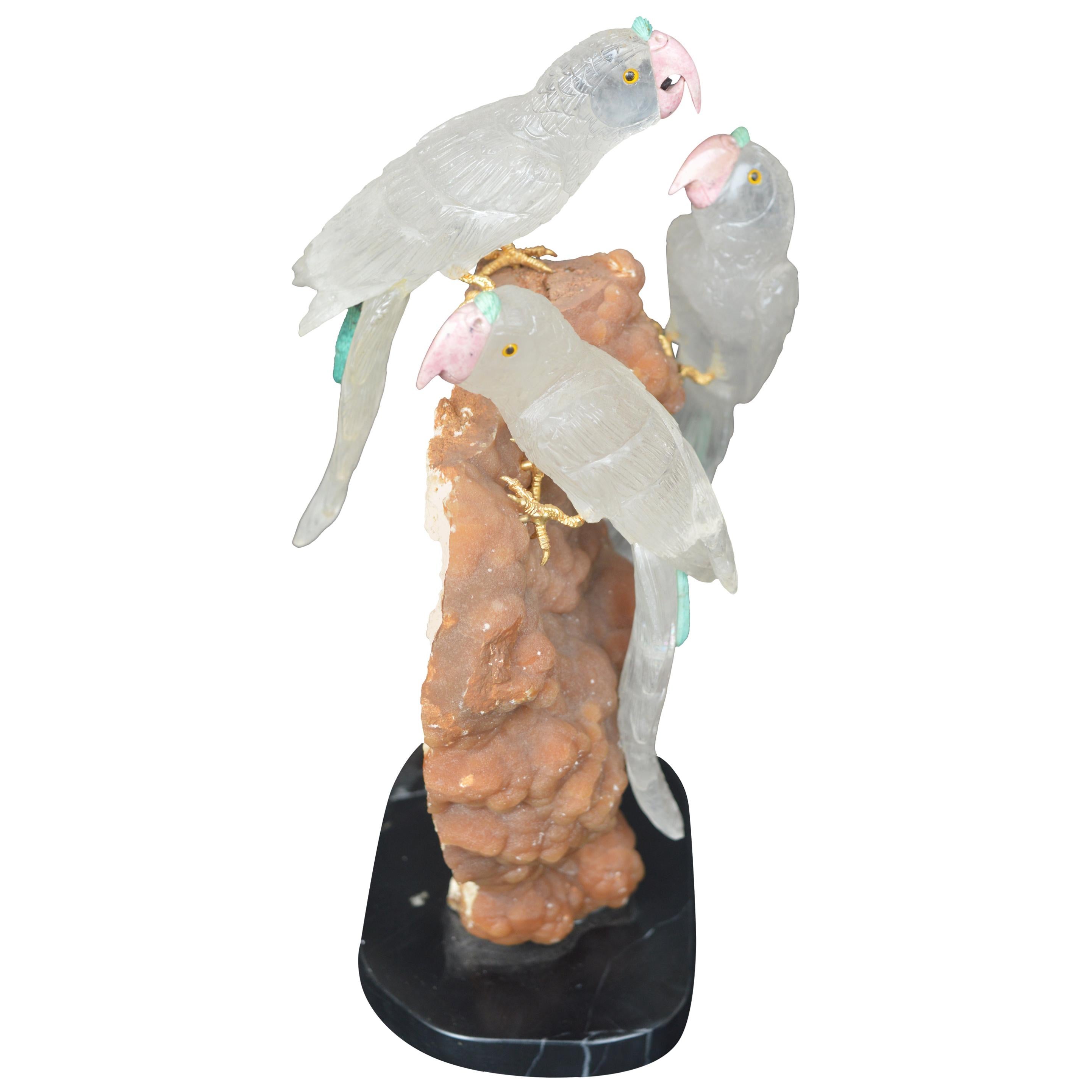 Sculpture of 3 Rock Crystal Parakeets For Sale