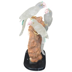 Vintage Sculpture of 3 Rock Crystal Parakeets