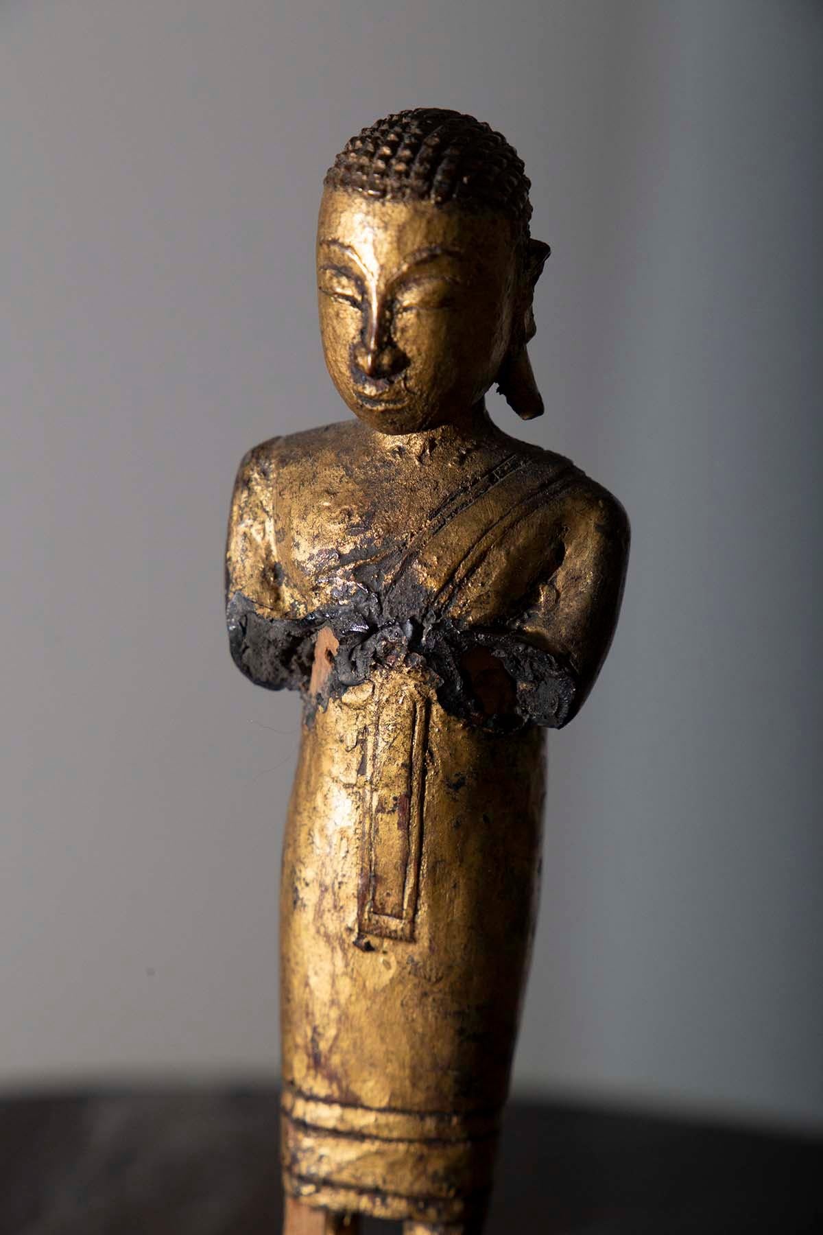 Wood Sculpture of a Buddhist monk in praying wood Burma, 19th century For Sale