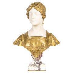 Sculpture of a Bust of a Girl in Gilt Bronze and White Carrara Marble, 1900.