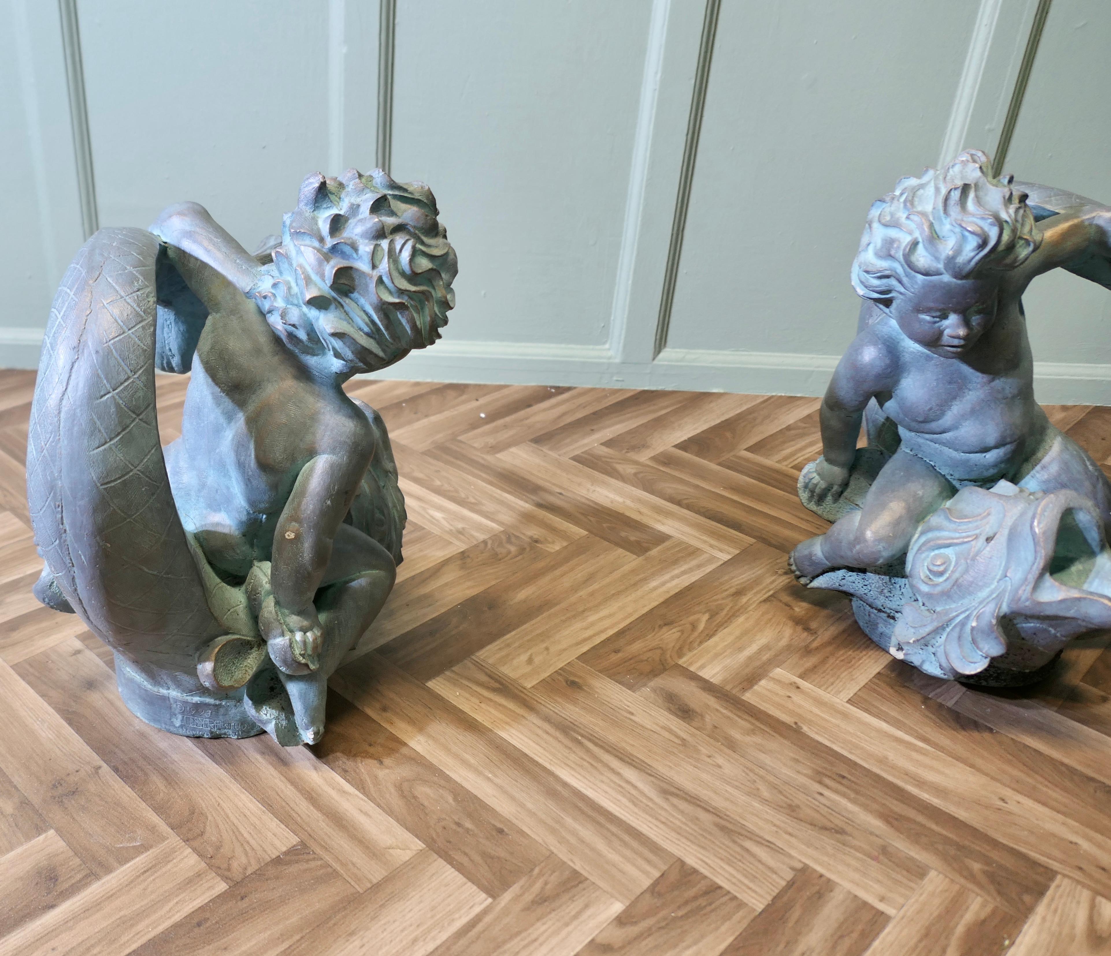 Sculpture of a Cherub Riding a Fish Fountain Water Feature (2 Available) For Sale 4