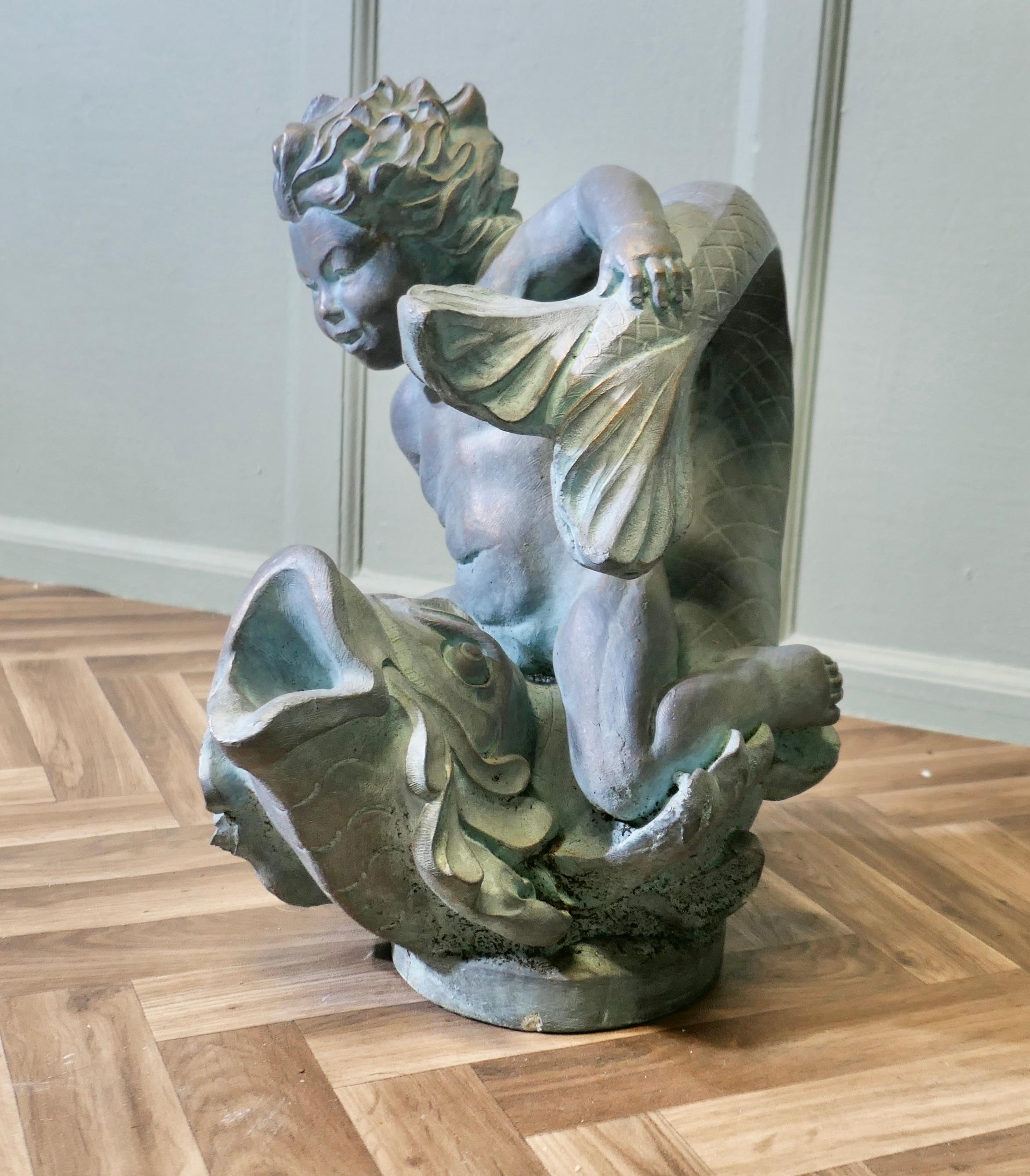 Baroque Revival Sculpture of a Cherub Riding a Fish Fountain Water Feature (2 Available) For Sale