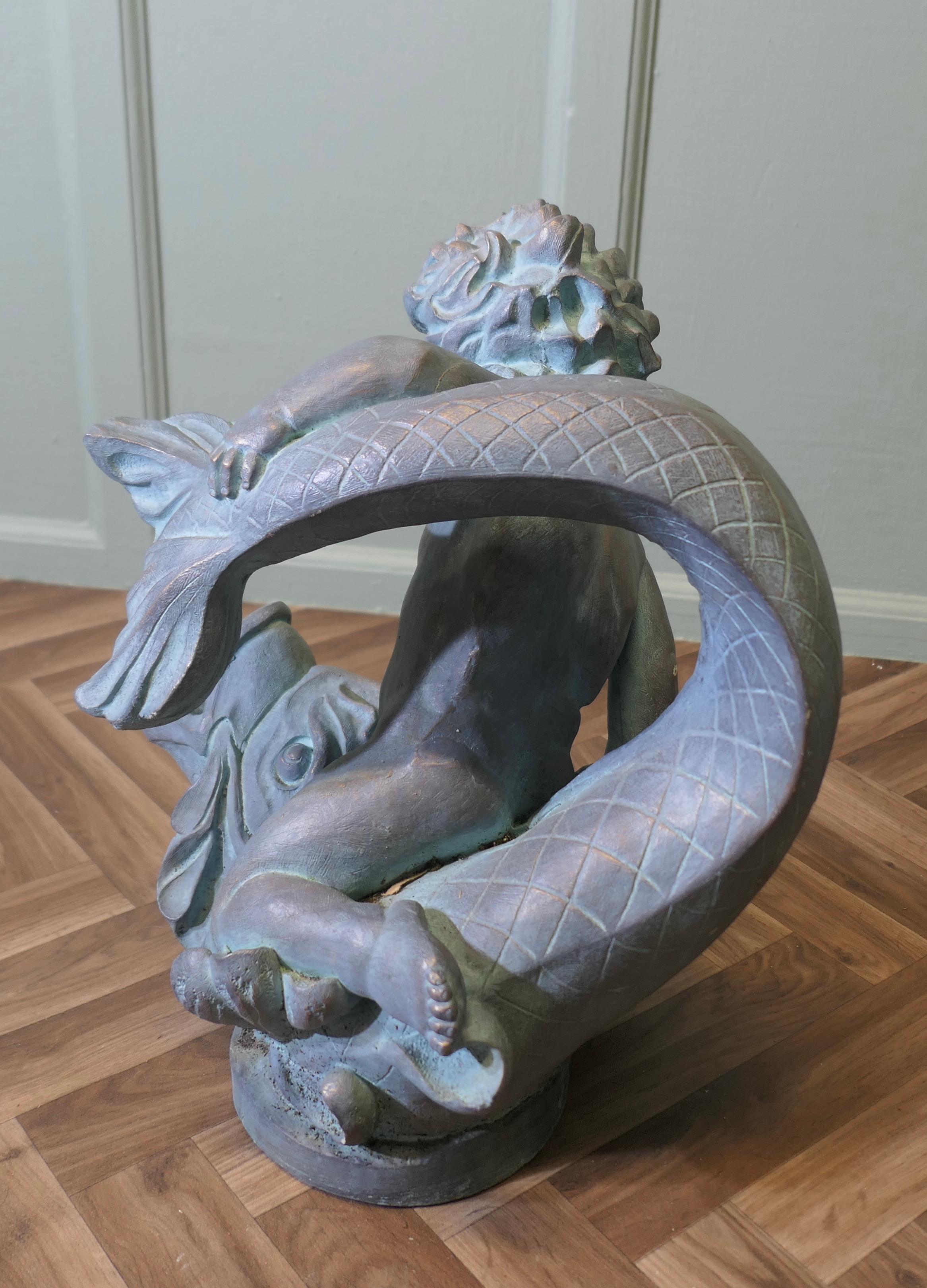 Late 20th Century Sculpture of a Cherub Riding a Fish Fountain Water Feature (2 Available) For Sale