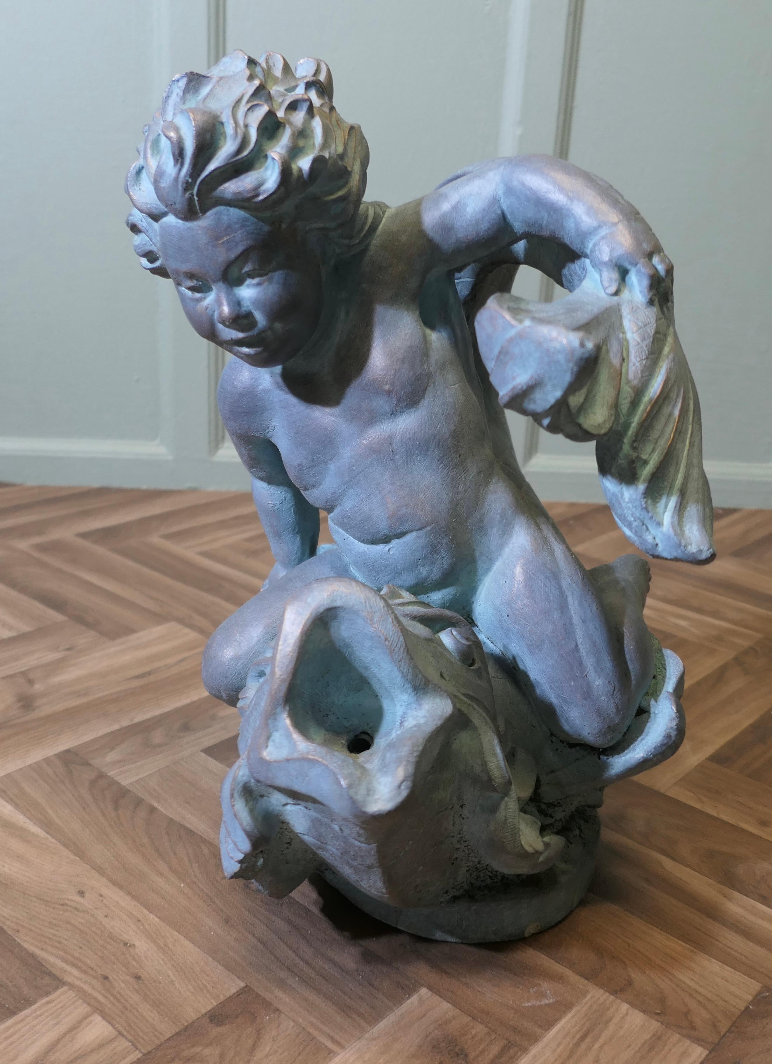 Sculpture of a Cherub Riding a Fish Fountain Water Feature (2 Available) For Sale 1