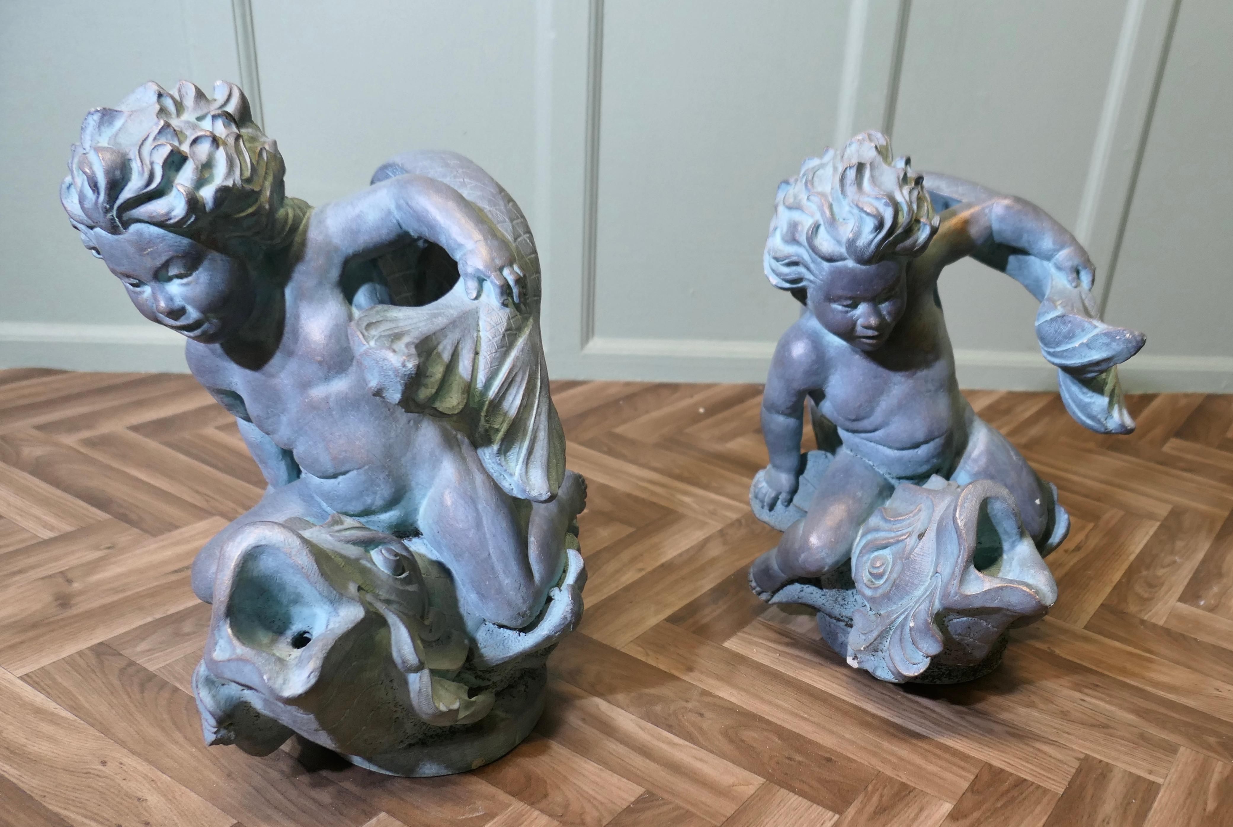 Sculpture of a Cherub Riding a Fish Fountain Water Feature (2 Available) For Sale 2