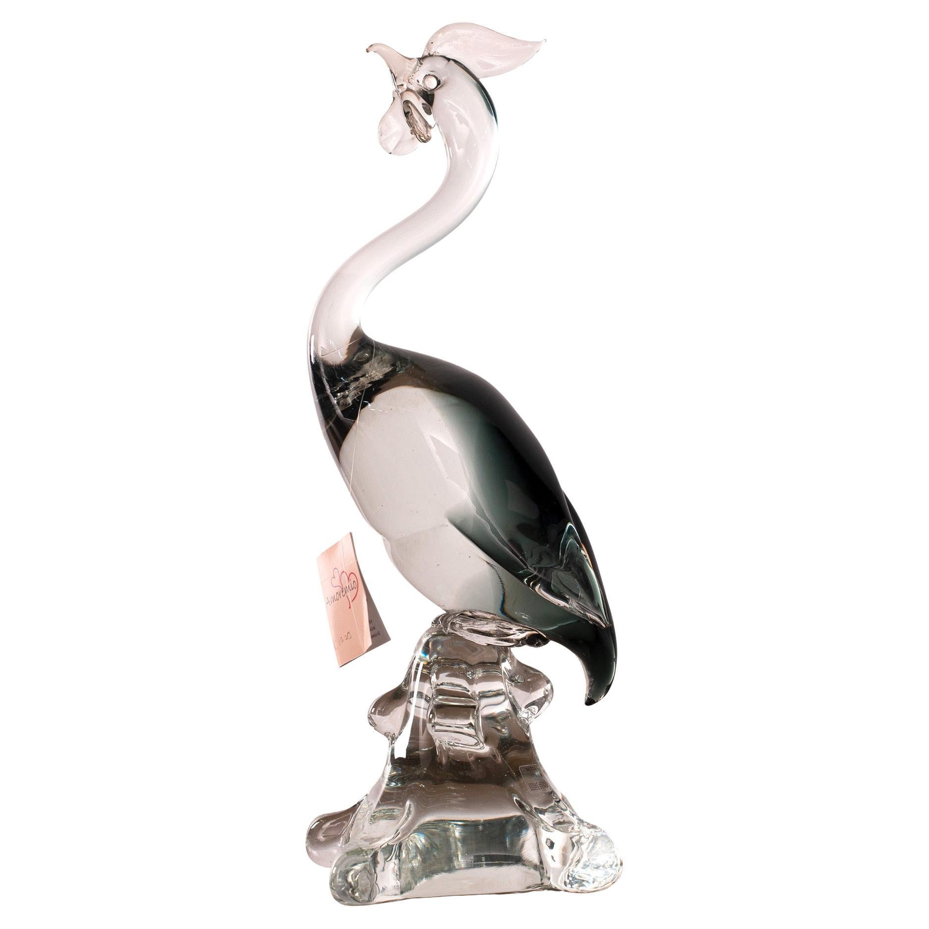 Sculpture of a Heron bird in Murano grey glass, original vintage Italy in stock