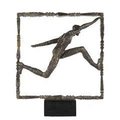 Sculpture of a Iron Running Man on Black Marble Base