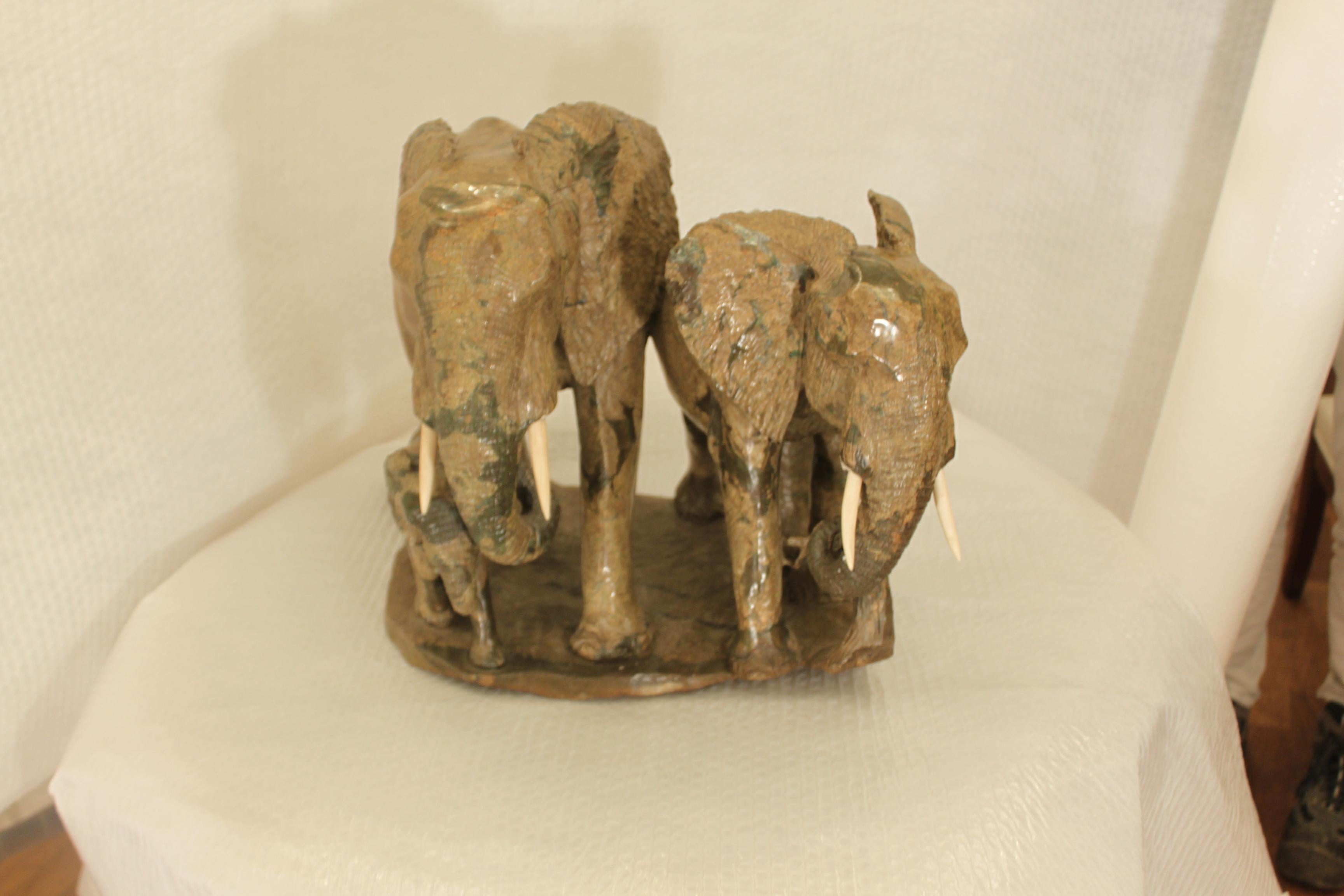 Sculpture of a Lovely Elephant Family in Verdite  For Sale 2