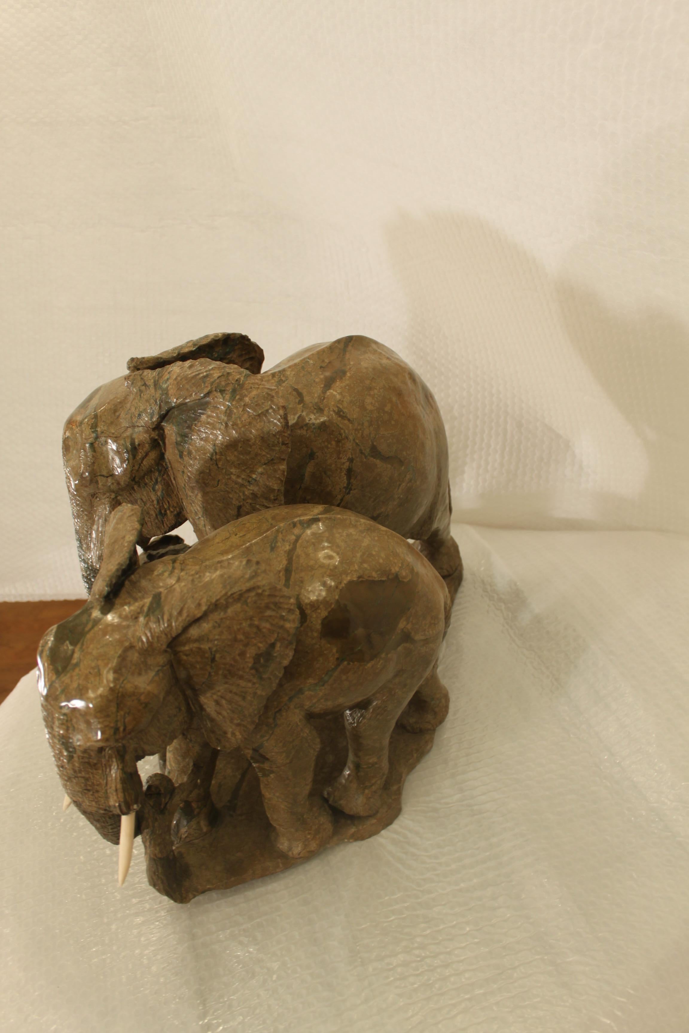 Sculpture of a Lovely Elephant Family in Verdite  For Sale 3