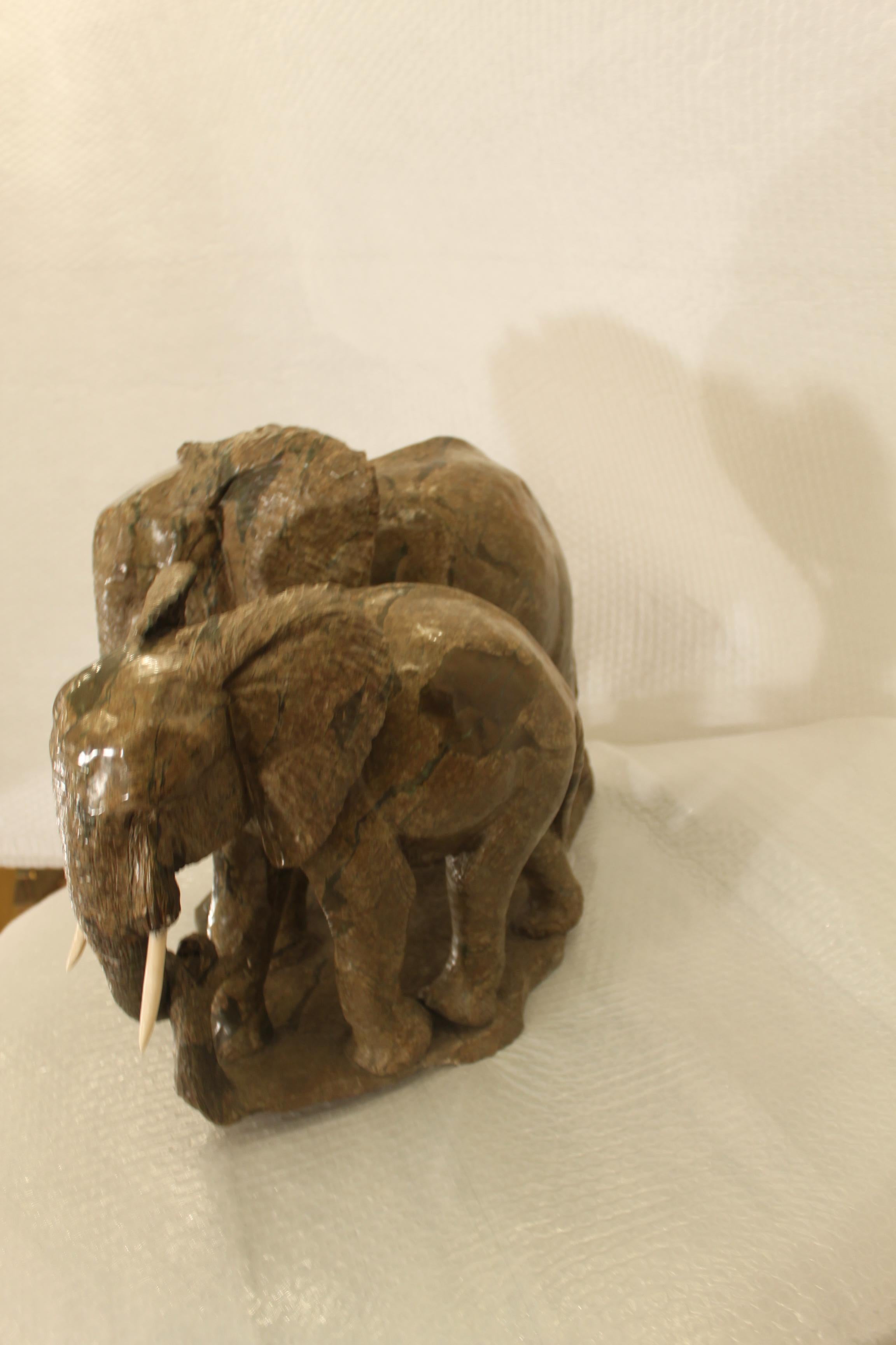 Sculpture of a Lovely Elephant Family in Verdite  For Sale 4