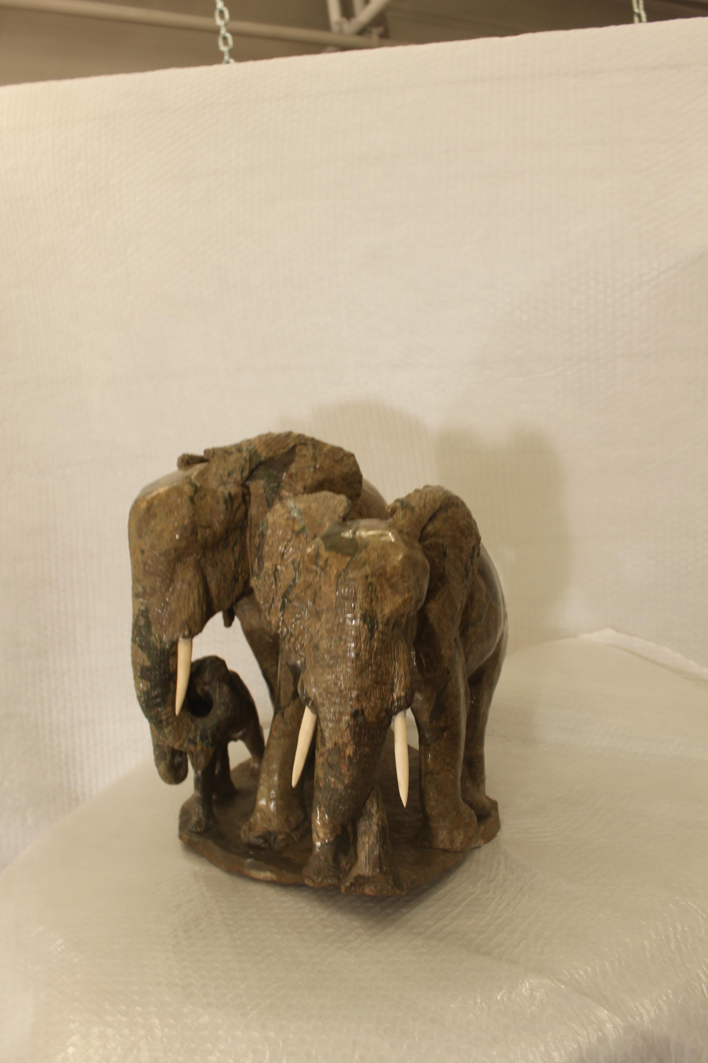 European Sculpture of a Lovely Elephant Family in Verdite  For Sale