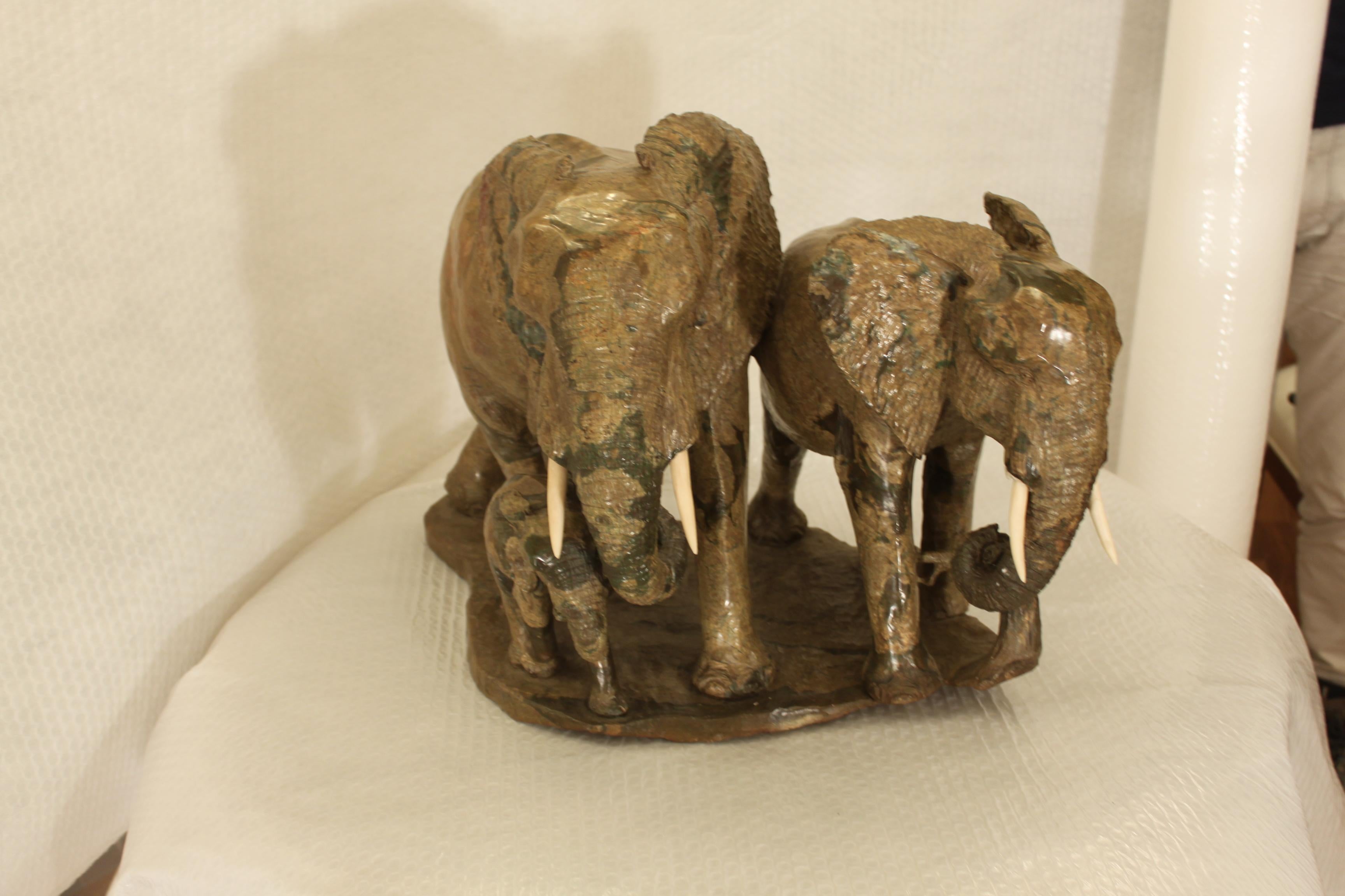 Stone Sculpture of a Lovely Elephant Family in Verdite  For Sale