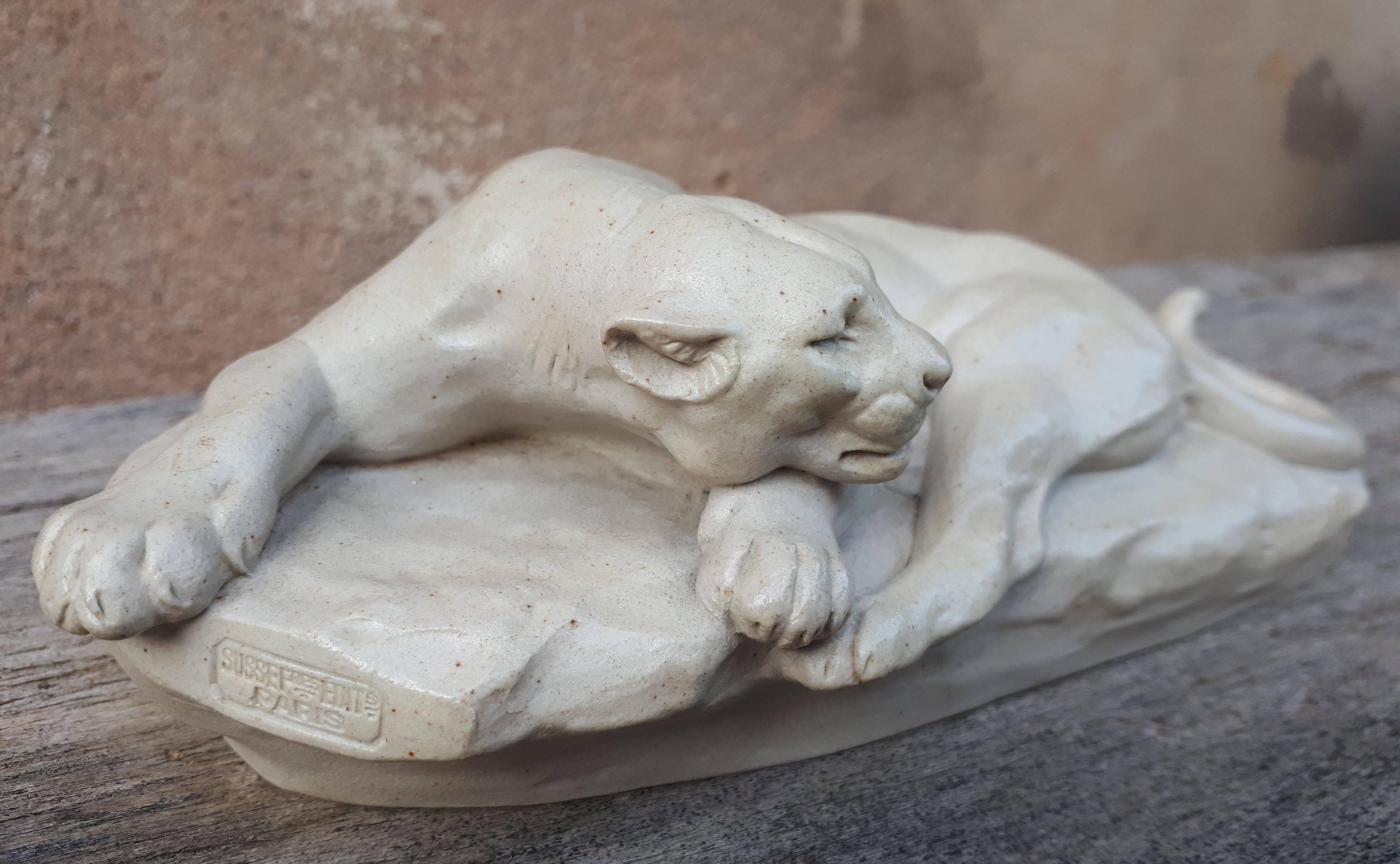 Glazed Sculpture Of A Lying Lioness, By Clovis-Edmond Masson (éditeurs Susse Frères) For Sale